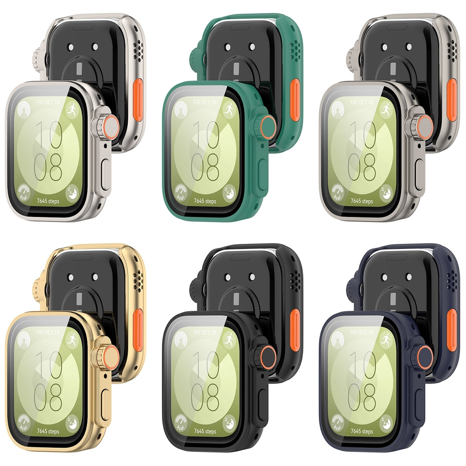 Mehrere Smartwatches in verschiedenen Farben, mit Zifferblättern, die Zeit, Datum und Schritte anzeigen. Verschiedene Hintergründe.