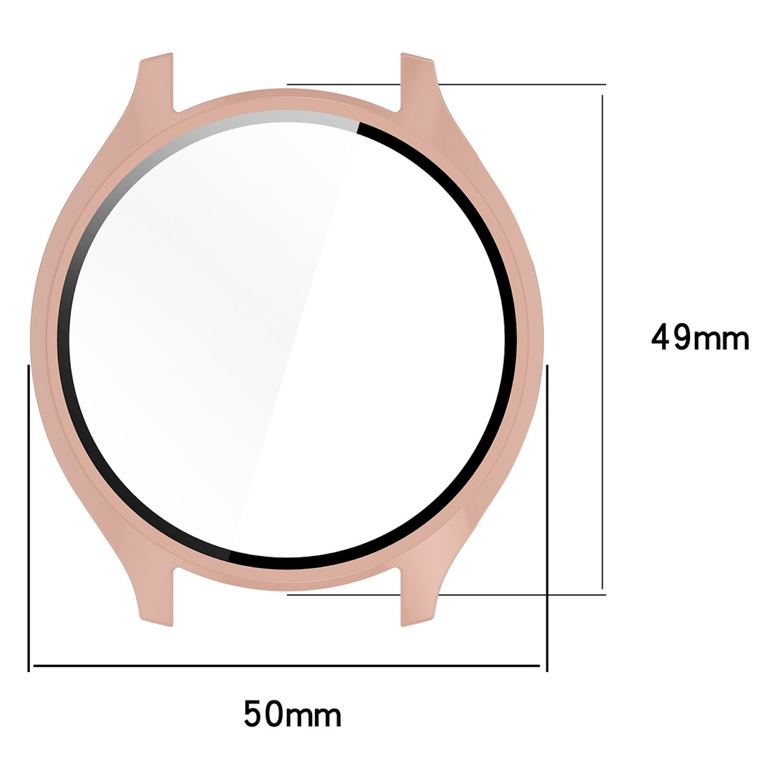 Roségoldene Uhrenhülle mit Abmessungen. Zeigt Zifferblattabmessungen von 49 mm und 50 mm auf weißem Hintergrund.
