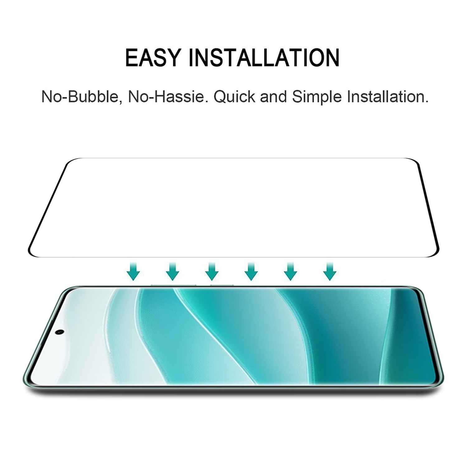 Ein Displayschutz wird auf einem Telefon angebracht. Pfeile leiten die Platzierung.