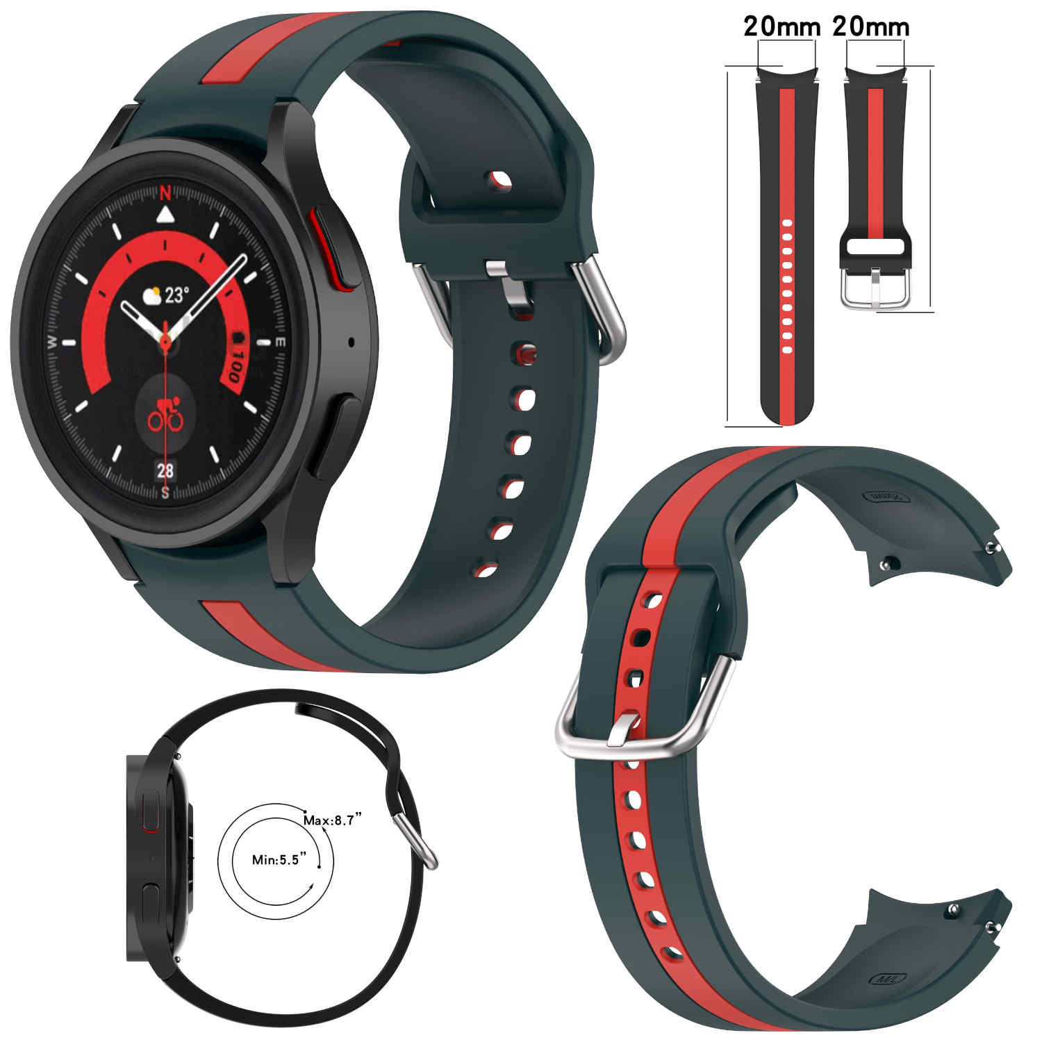 Eine Smartwatch mit einem rot-dunkelgrünen Armband und zusätzlichen Bandteilen.