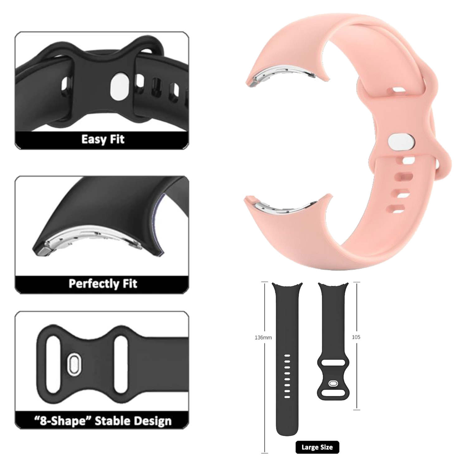Rosa Uhrenarmbandteile. Verschiedene Designs, darunter einfache und perfekte Passform, sowie 8-förmiges Design.