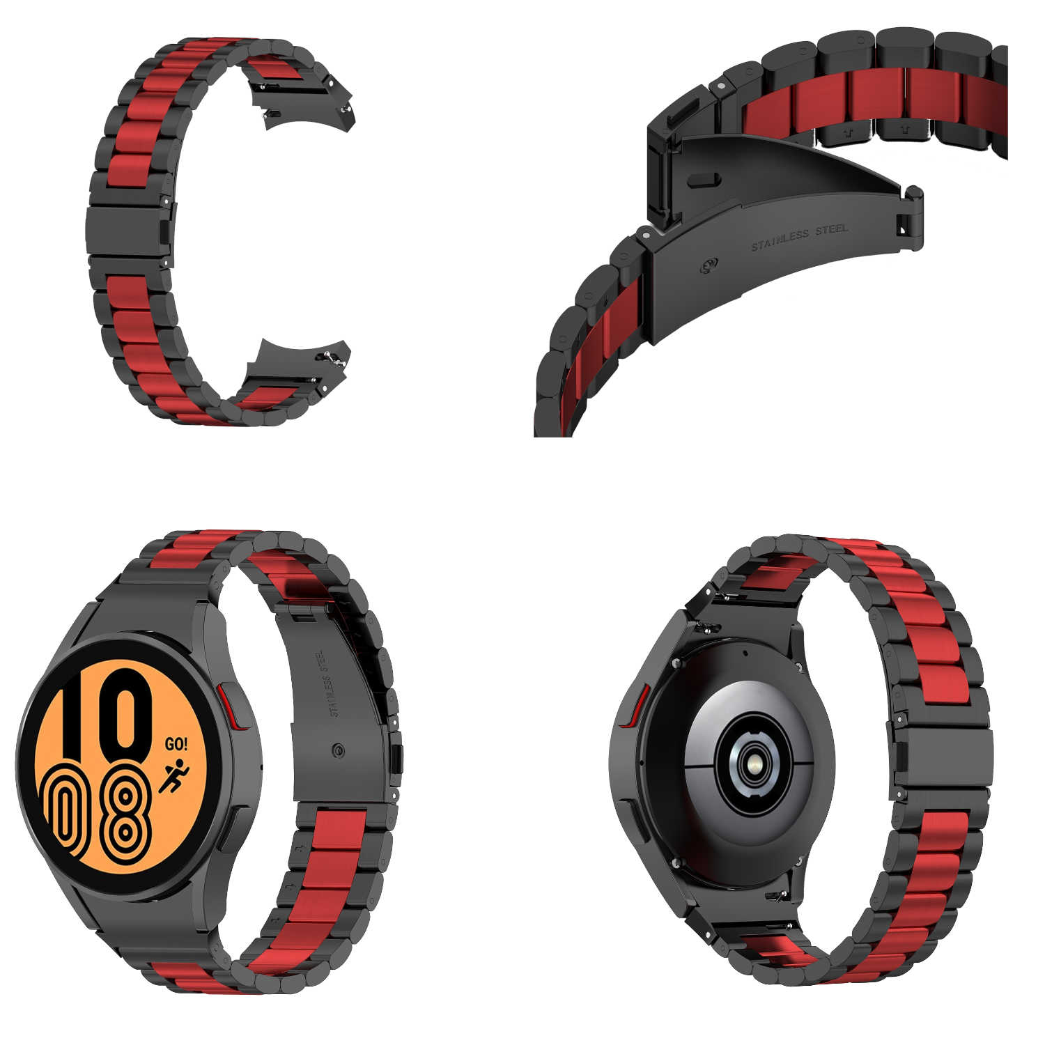 Ein Uhrenarmband, schwarz mit roten Akzenten, in mehreren Ansichten und an einer Uhr montiert.