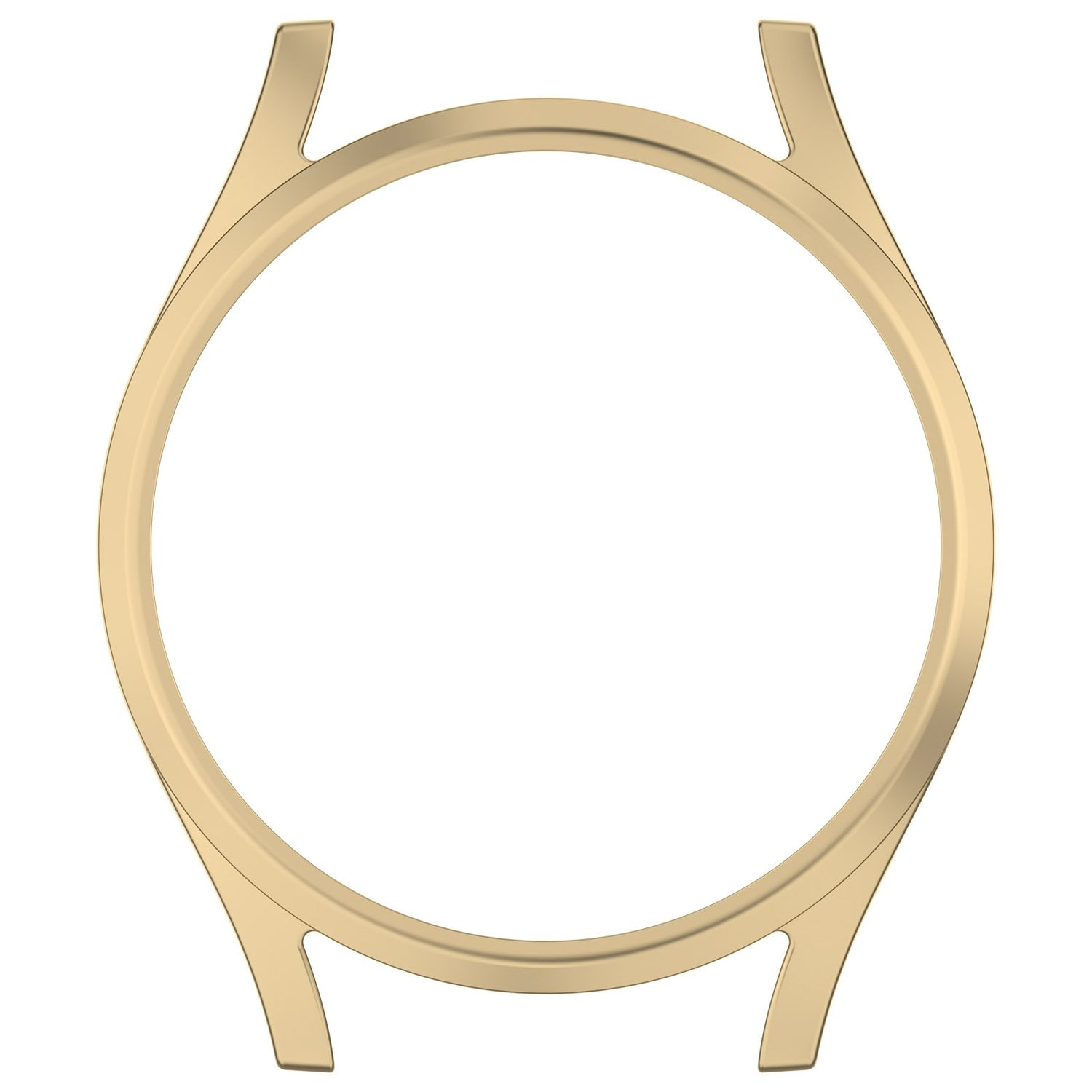 Goldenes Uhrengehäuse. Es hat eine kreisförmige Öffnung und vier Aussparungen für die Bandbefestigung.