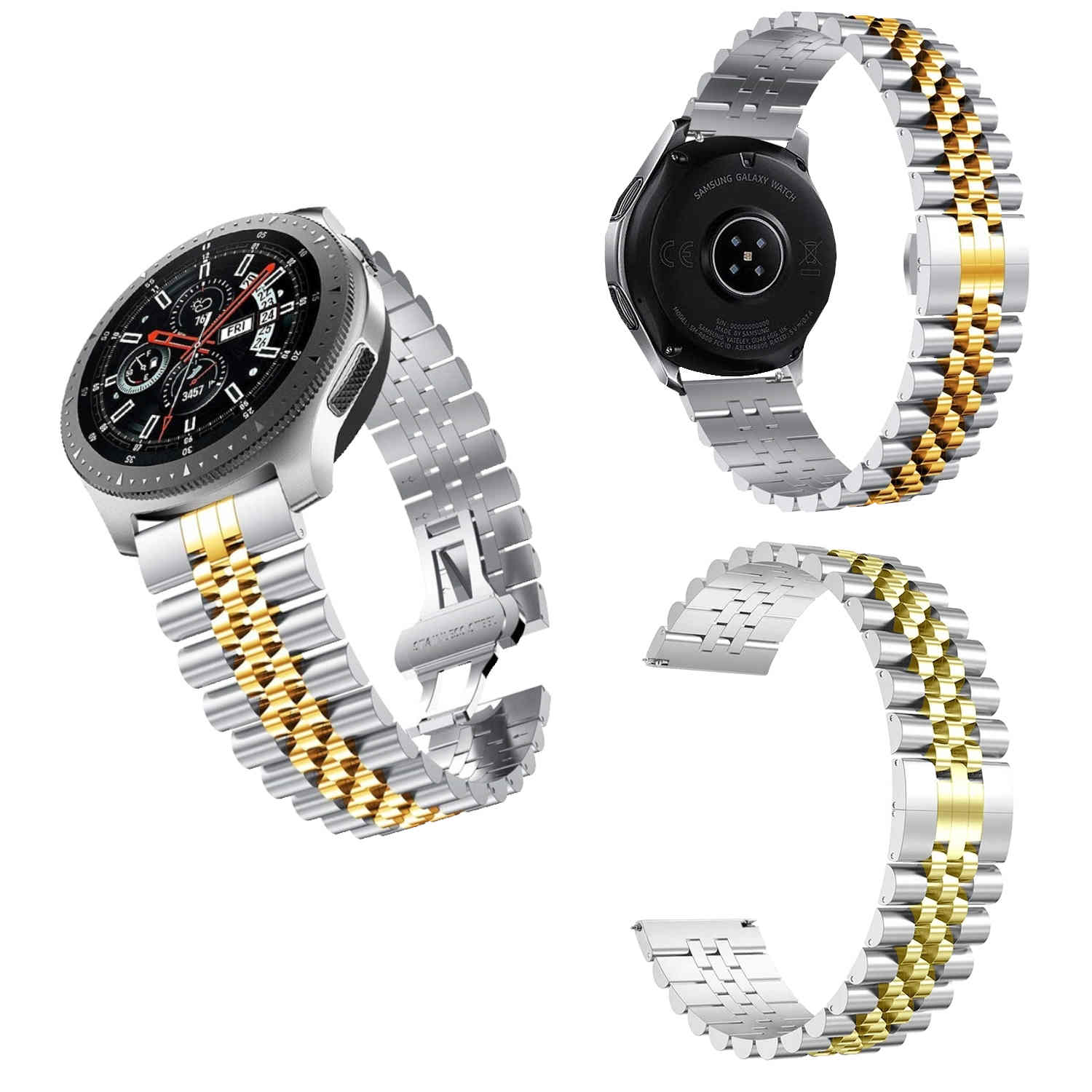 Silberne und goldene Uhr mit silbernem Band und separatem Band. Zeigt die Rückseite der Uhr.