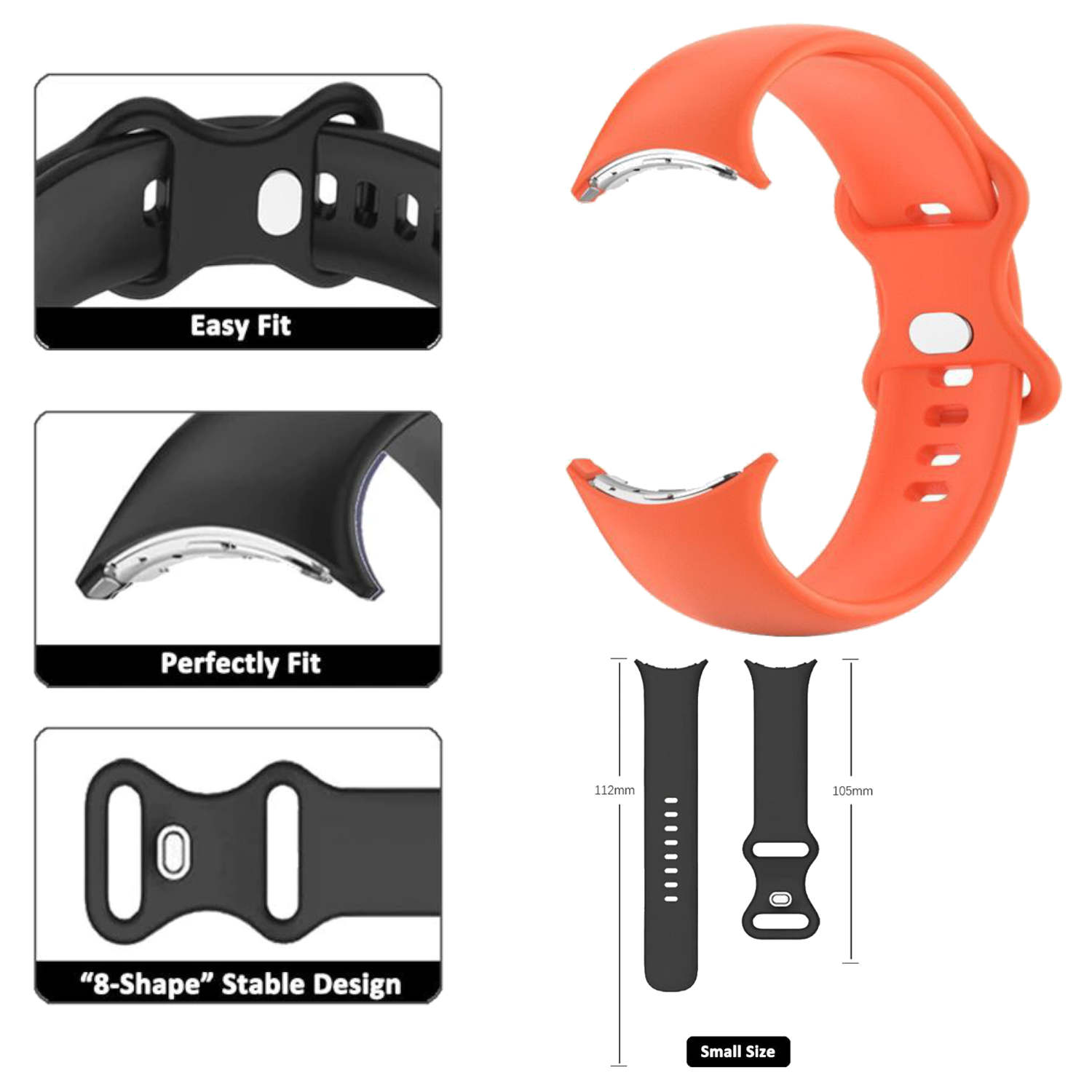 Verschiedene Details zum Uhrenarmband: schwarz, orange und eine Diagramm mit Abmessungen. Text über einfache Passform.