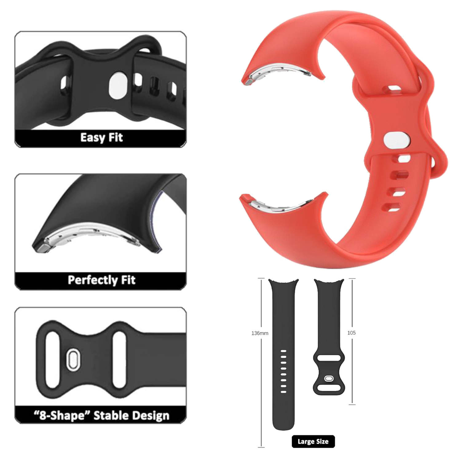 Rote Uhrenarmband-Komponenten mit einfachem Sitz, perfekter Passform und 8-förmigem, stabilem Design.