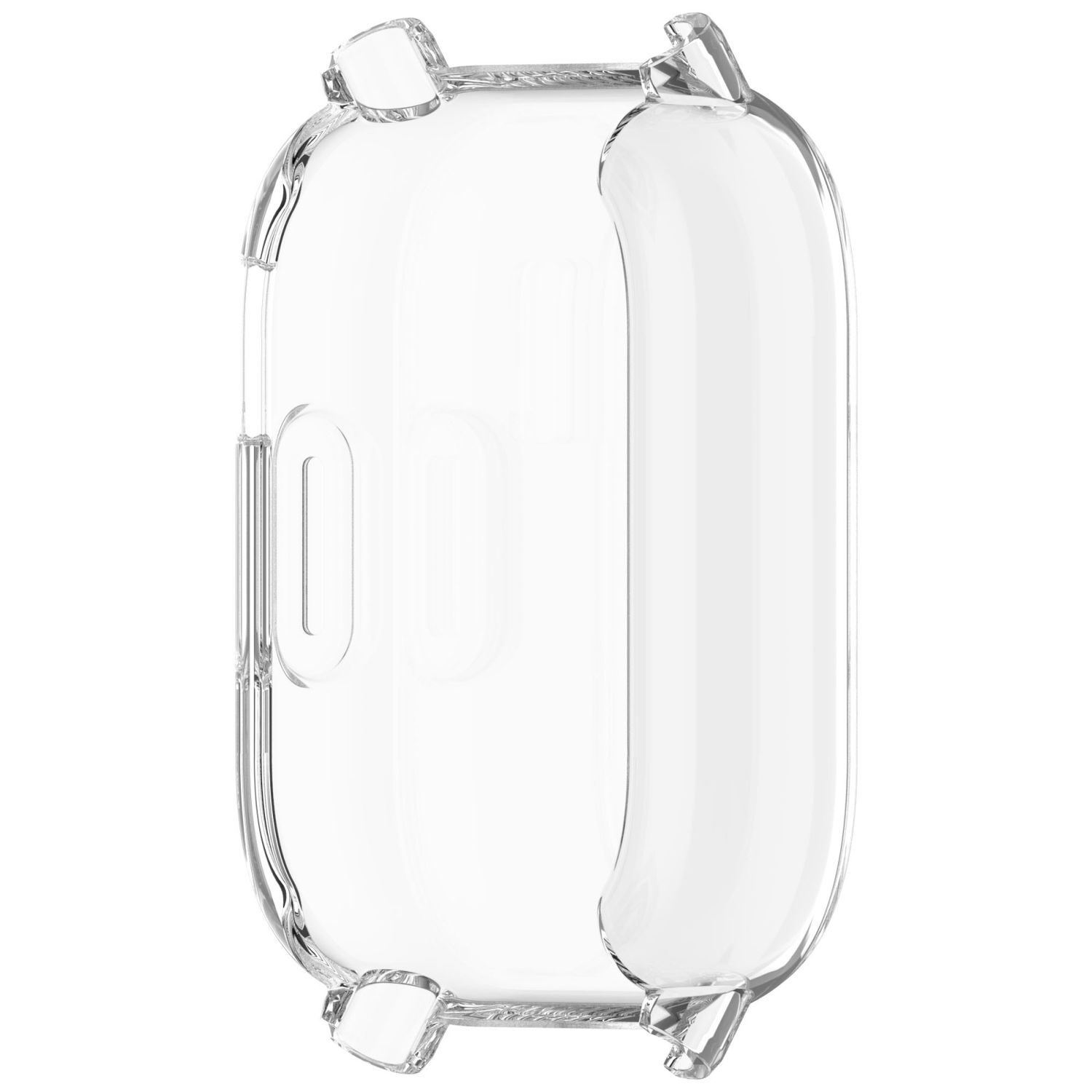 Eine transparente Schutzhülle für die Uhr. Es hat abgerundete Ecken und eine rechteckige Form.