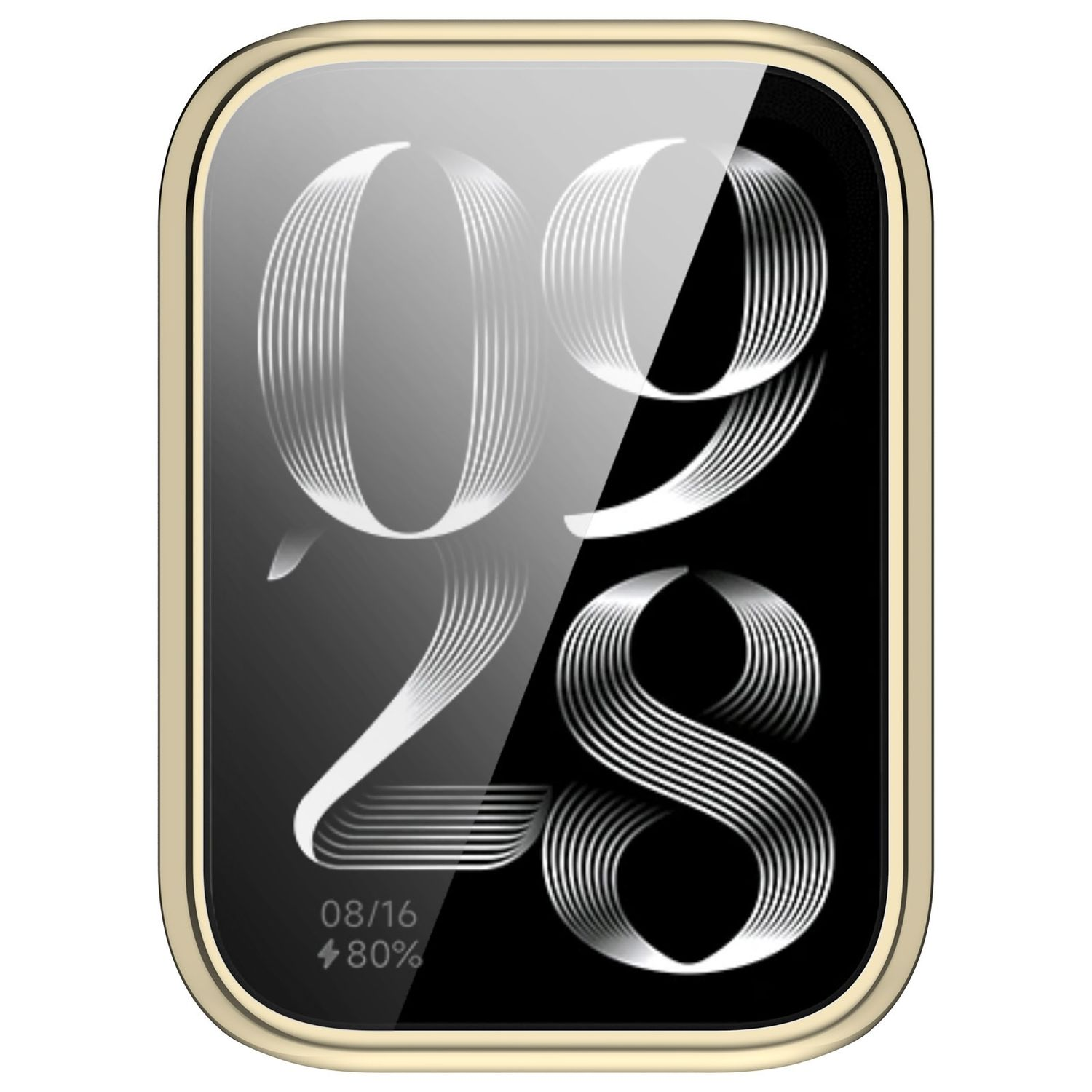 Zifferblatt mit weißen Zahlen 09 und 28. Goldfarbener Rahmen.