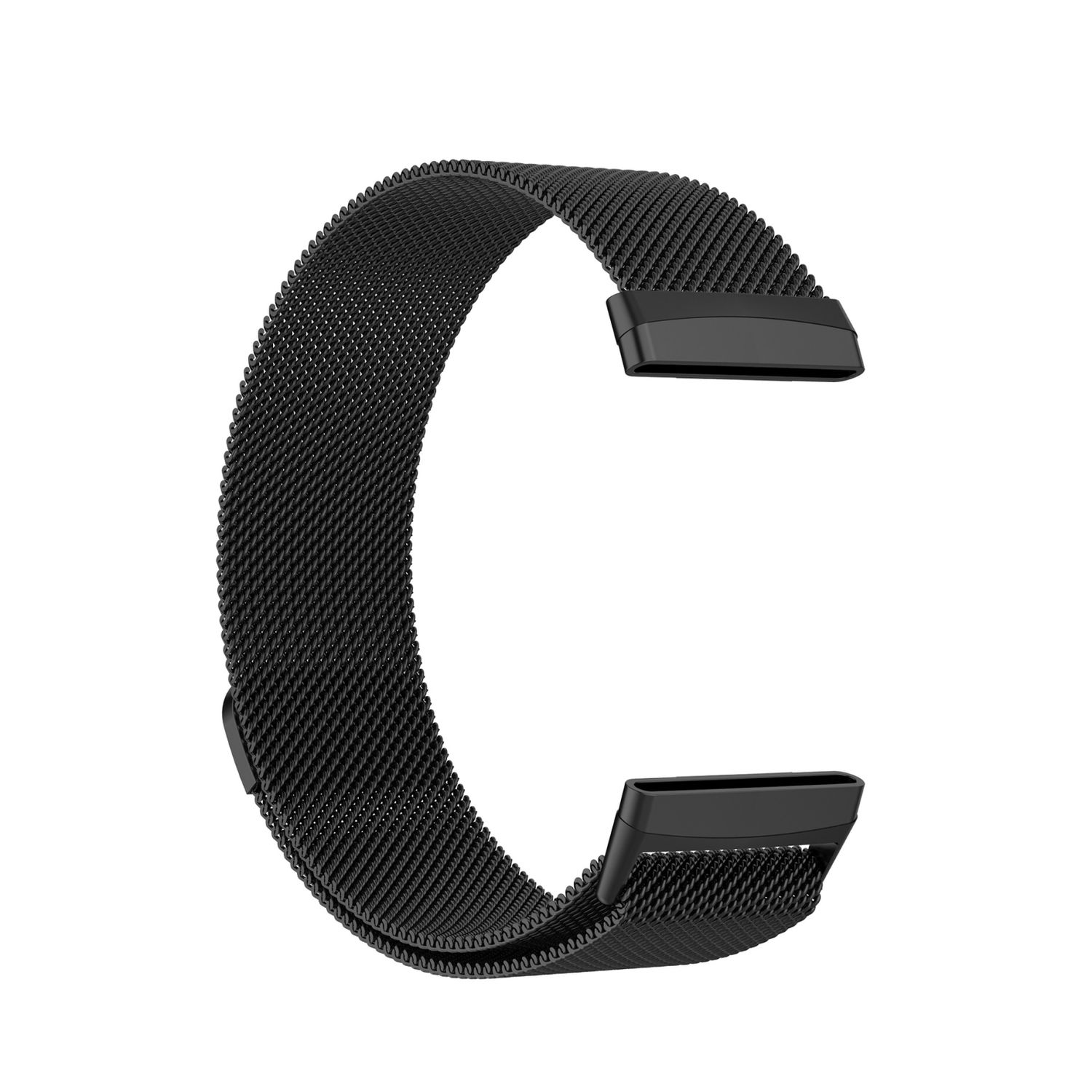 Ein schwarzes Metall-Mesh-Uhrenarmband. Es hat eine C-Form mit zwei Befestigungspunkten an jedem Ende.