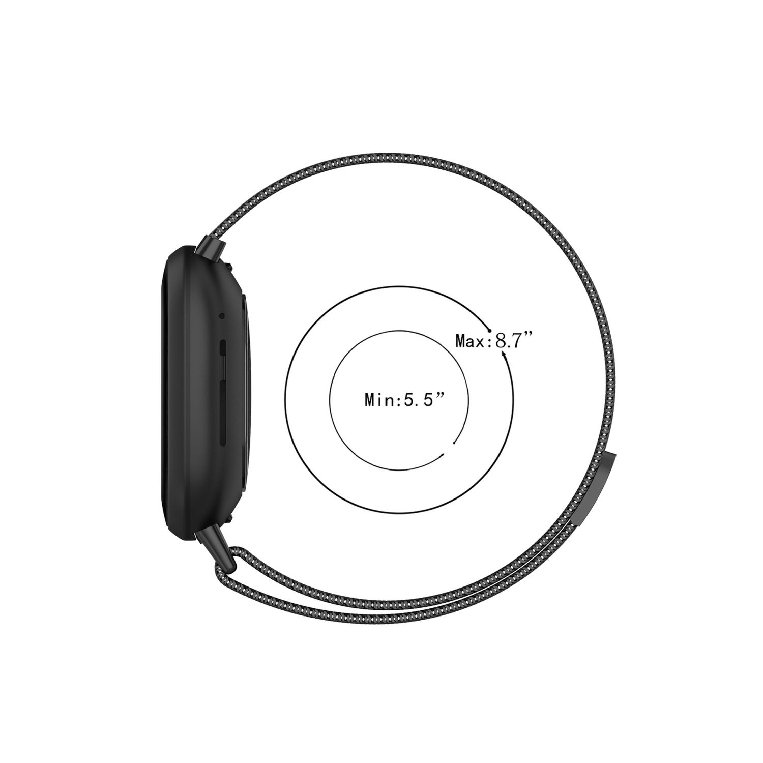 Schwarze Smartwatch mit grauem Armband, zeigt 5,5-8,7 Zoll Größenbereich auf weißem Hintergrund.