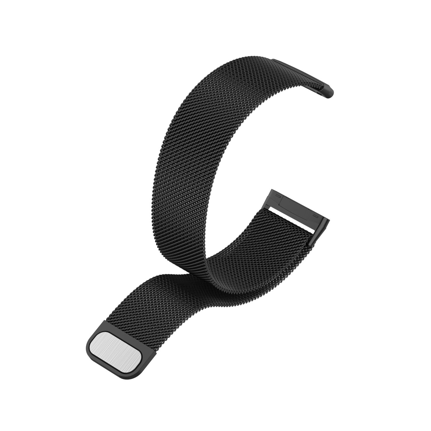 Ein schwarzes Mesh-Armband vor weißem Hintergrund.