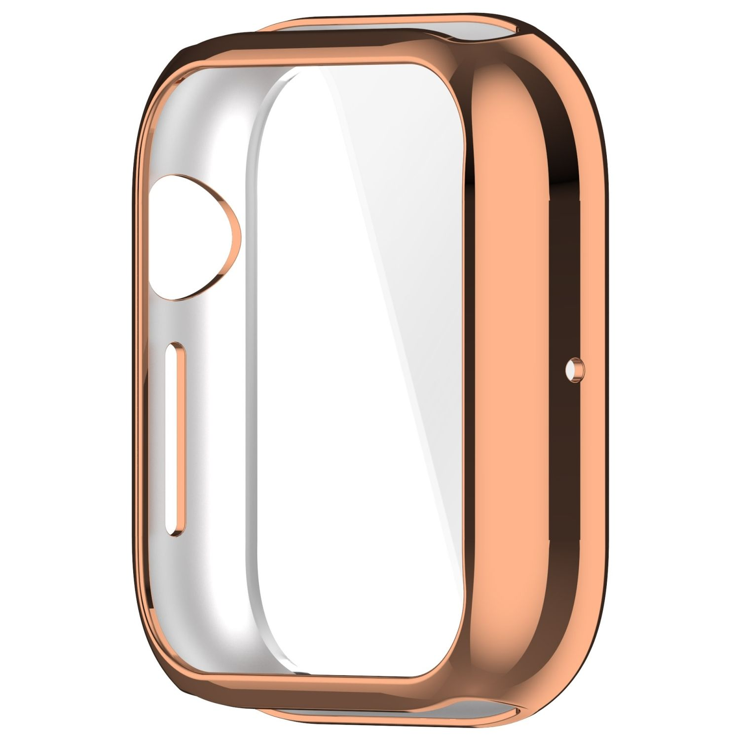 Roségoldene Handyhülle. Die Handyhülle hat eine transparente Vorderseite. Der Hintergrund ist grau.