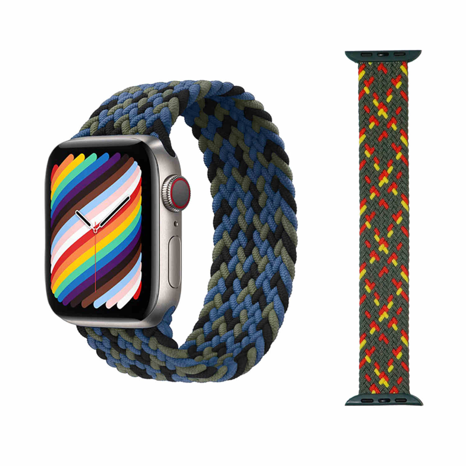 Eine Smartwatch mit Regenbogen-Display und geflochtenem blau-grünen Uhrenarmband mit passendem Band.