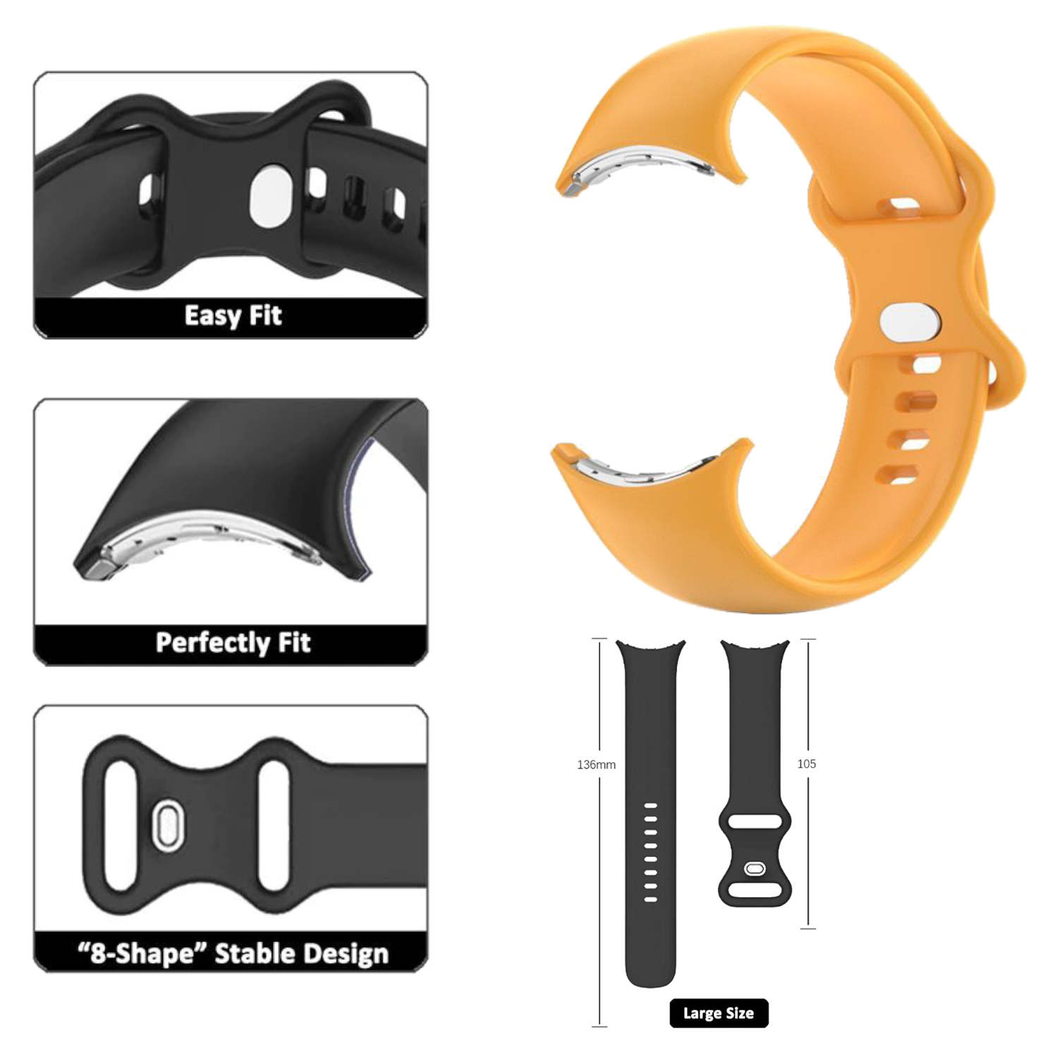 Orangefarbene Uhrenarmbandkomponenten, die einfache Passform, perfekte Passform und ein stabiles 8-förmiges Design auf Weiß zeigen.