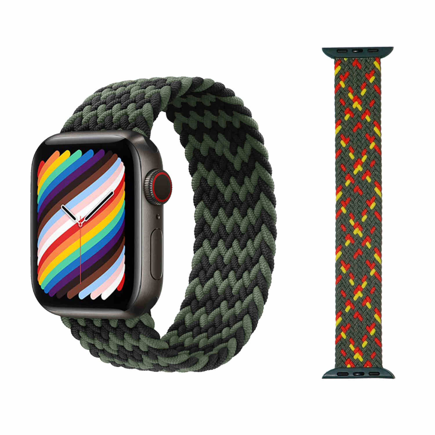 Ein geflochtenes Uhrenarmband, olivgrün und schwarz, wird vor weißem Hintergrund gezeigt.