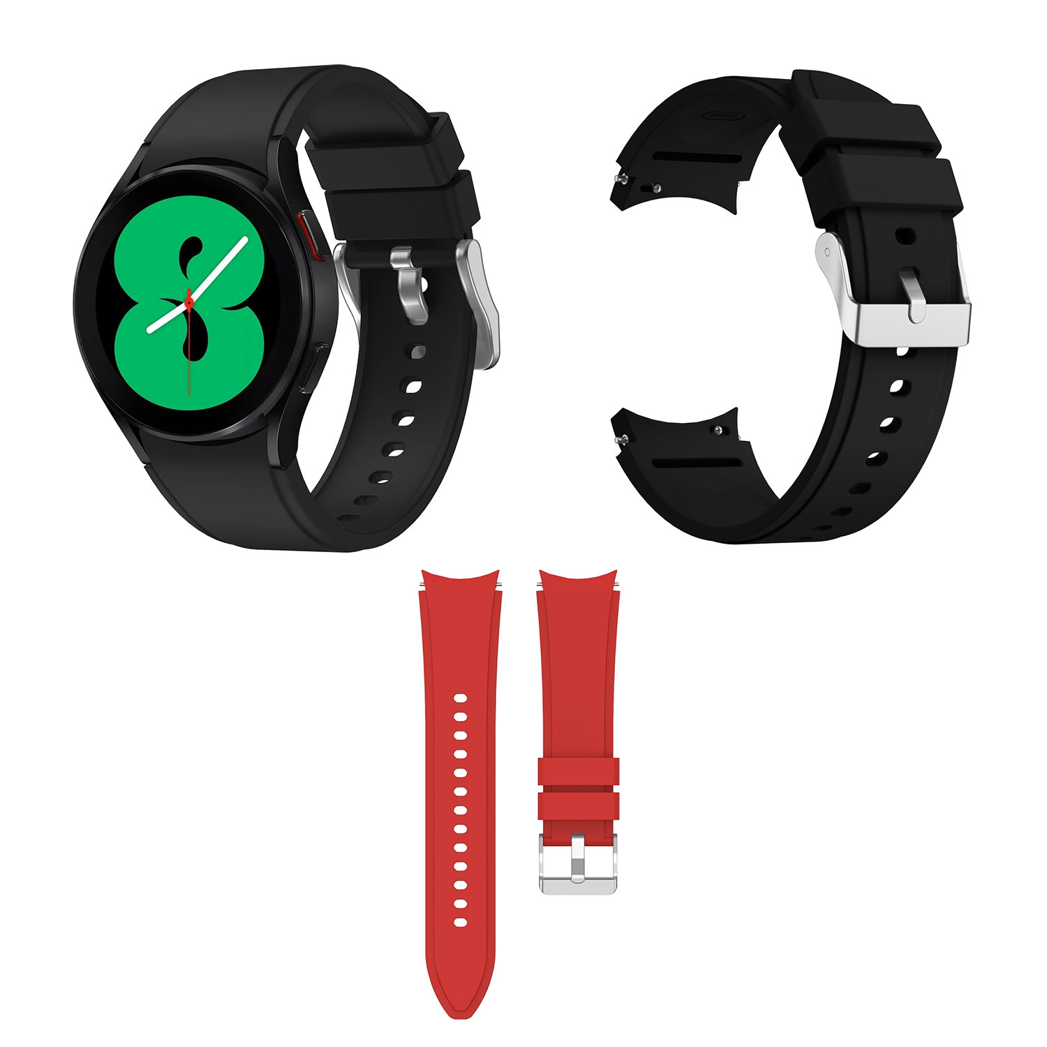 Schwarze Smartwatch mit grünem Display und zwei Armbändern, eines schwarz, eines rot.