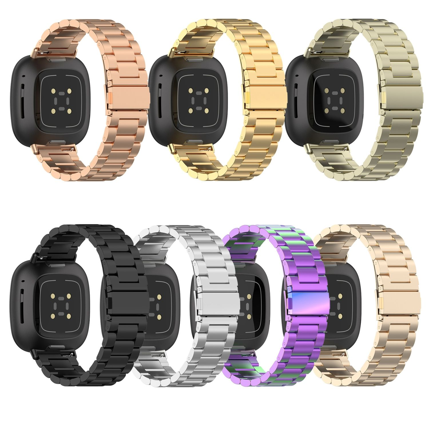 Mehrere Smartwatches mit verschiedenen Metall-Uhrenarmbändern. Verschiedene Metall-Uhrenarmbänder.