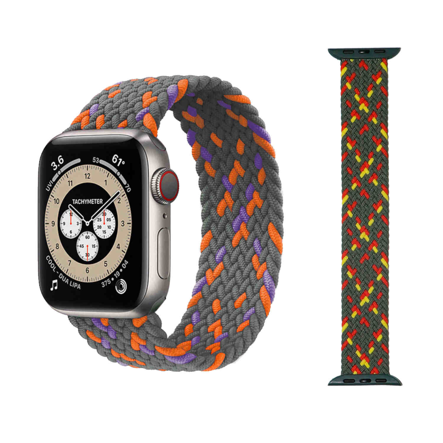 Silberne Apple Watch mit grau-lila-orangenem geflochtenem Armband. Ein passendes Armband daneben.