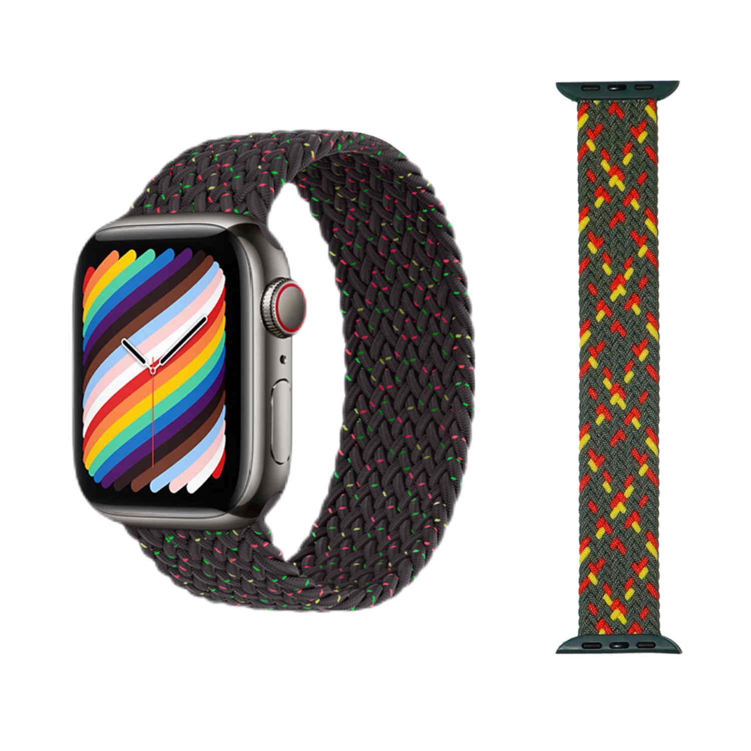 Smartwatch mit Regenbogen-Display, geflochtenem Armband. Extra Armband zeigt grünen Grund mit buntem Muster.