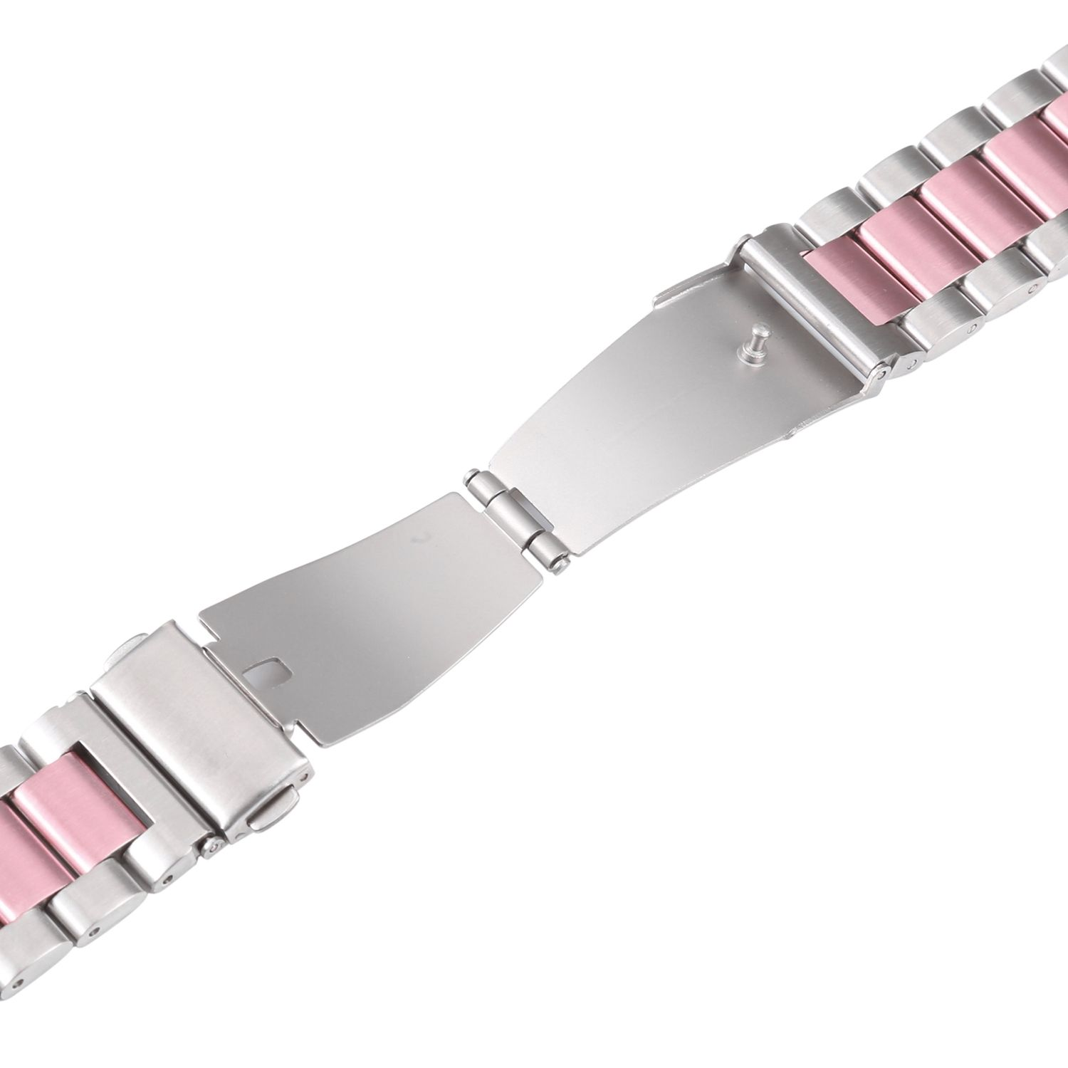 Uhrenarmband mit rosa und silbernen Gliedern. Das Band ist geöffnet, um den Verbindungsmechanismus zu zeigen.