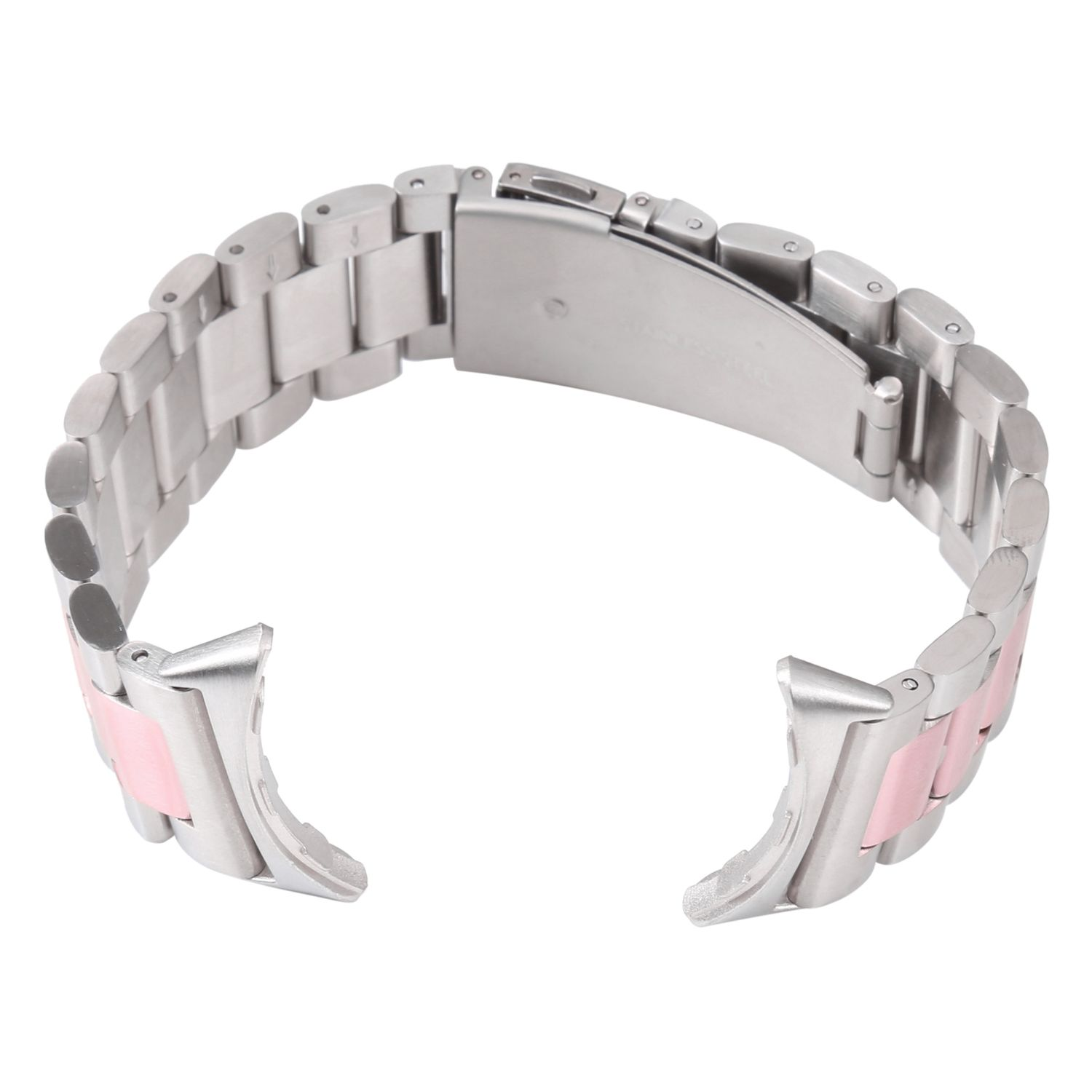 Silbernes Uhrenarmband mit rosa Gliedern. Das Armband ist offen.