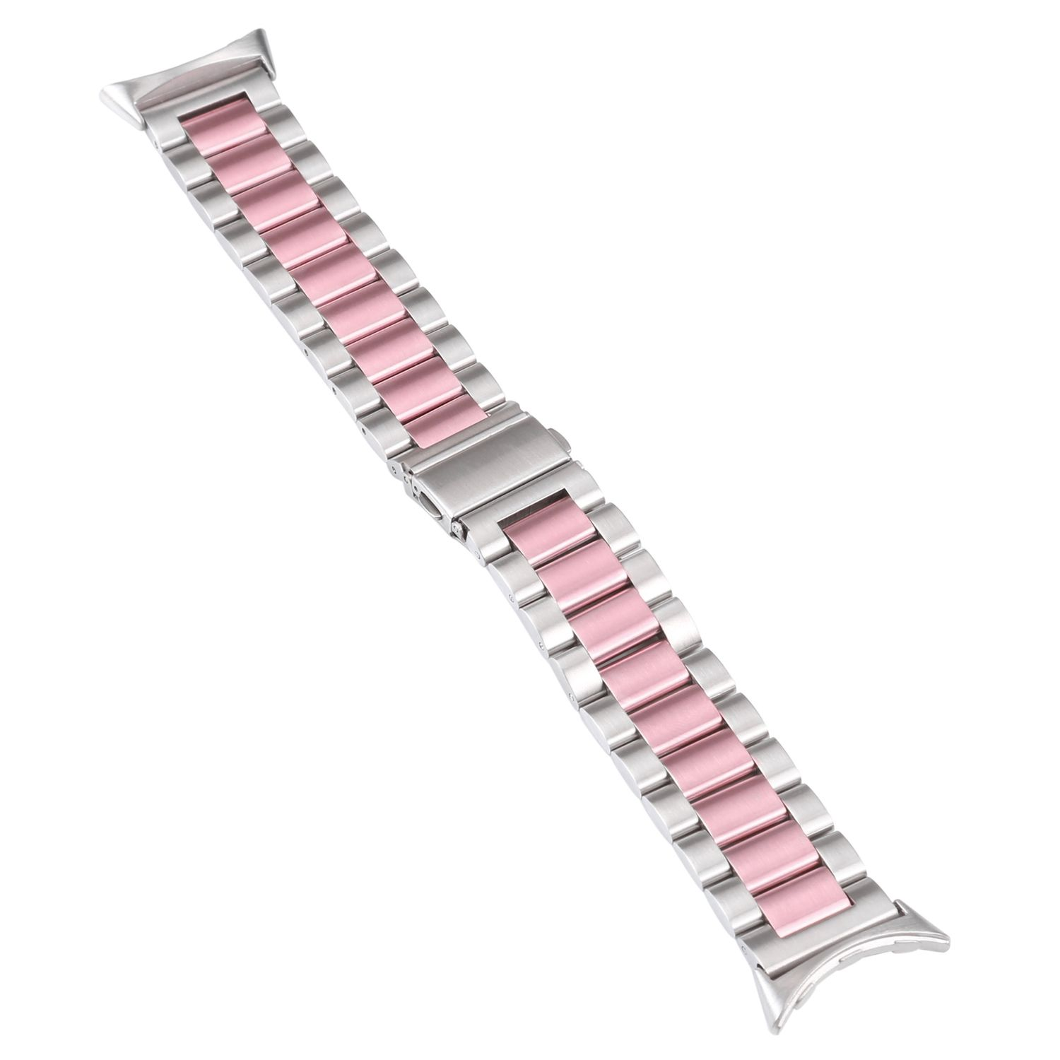 Silbernes Uhrenarmband mit rosa Gliedern. Das Band ist gerade.