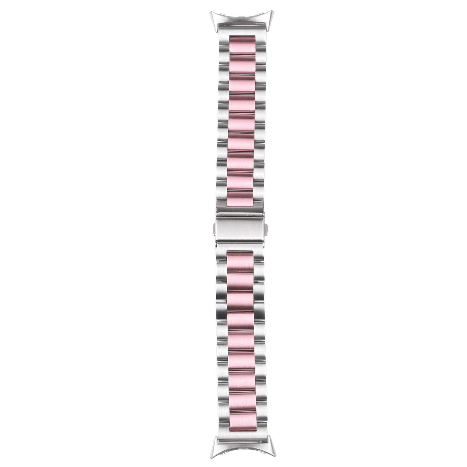 Ein Uhrenarmband mit rosa Metallgliedern und silbernen Metallgliedern.