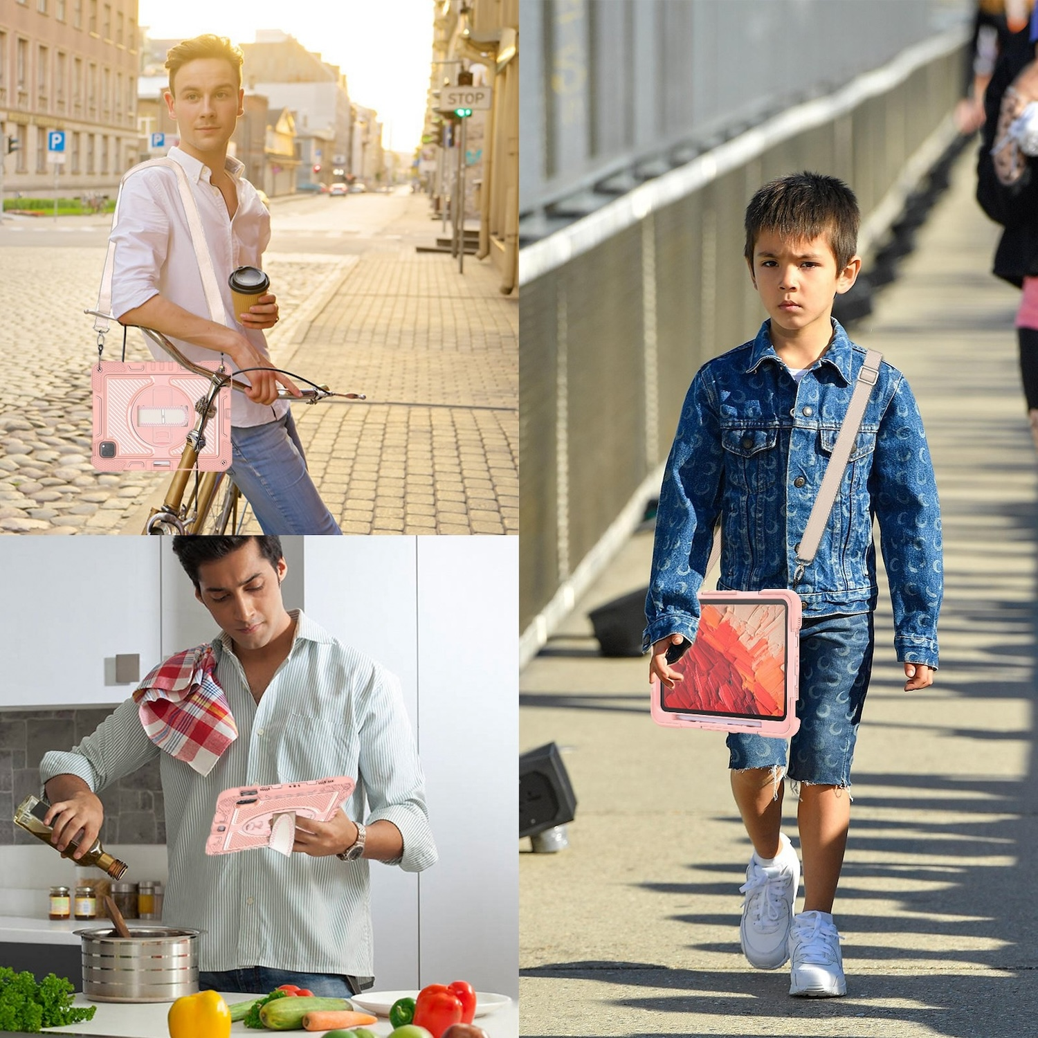 Vier Bilder zeigen Personen, die ein Tablet mit rosa Hülle verwenden. Umgebungen: Straße, Küche, draußen.