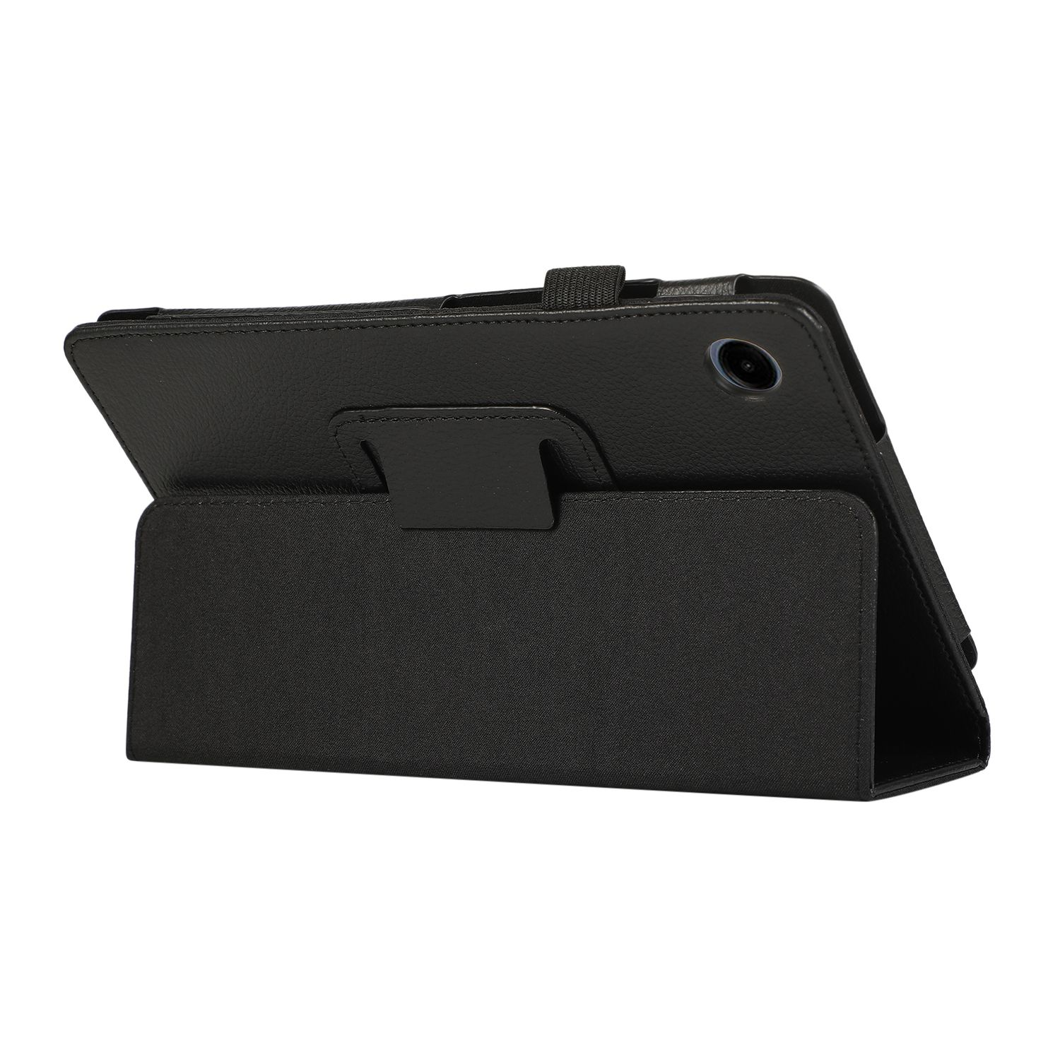 Schwarze Tablet-Hülle in stehender Position, mit dem Tablet darin.