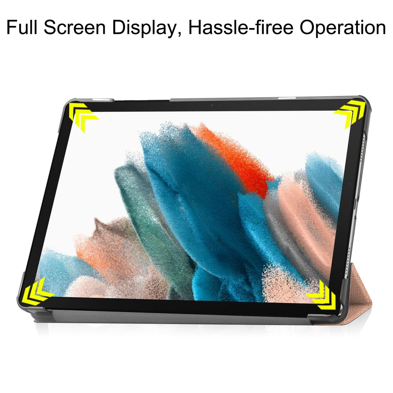 Tablet in Hülle mit Bildschirm, der farbenfrohes Bild zeigt. Gelbe Pfeile zeigen auf die Ecken.