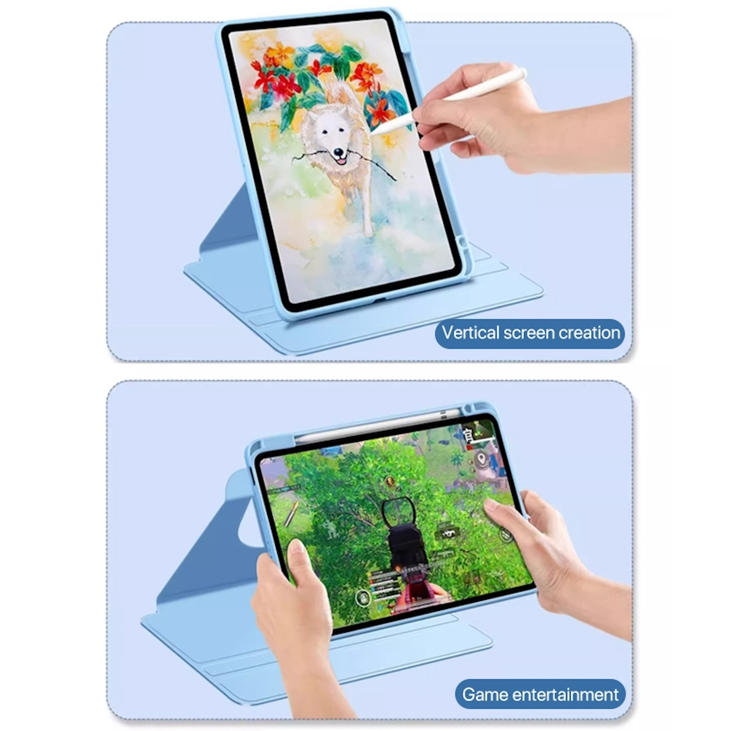 Dos imágenes que muestran el uso de la tableta. Una muestra la creación de pantalla vertical, la otra entretenimiento de juego.