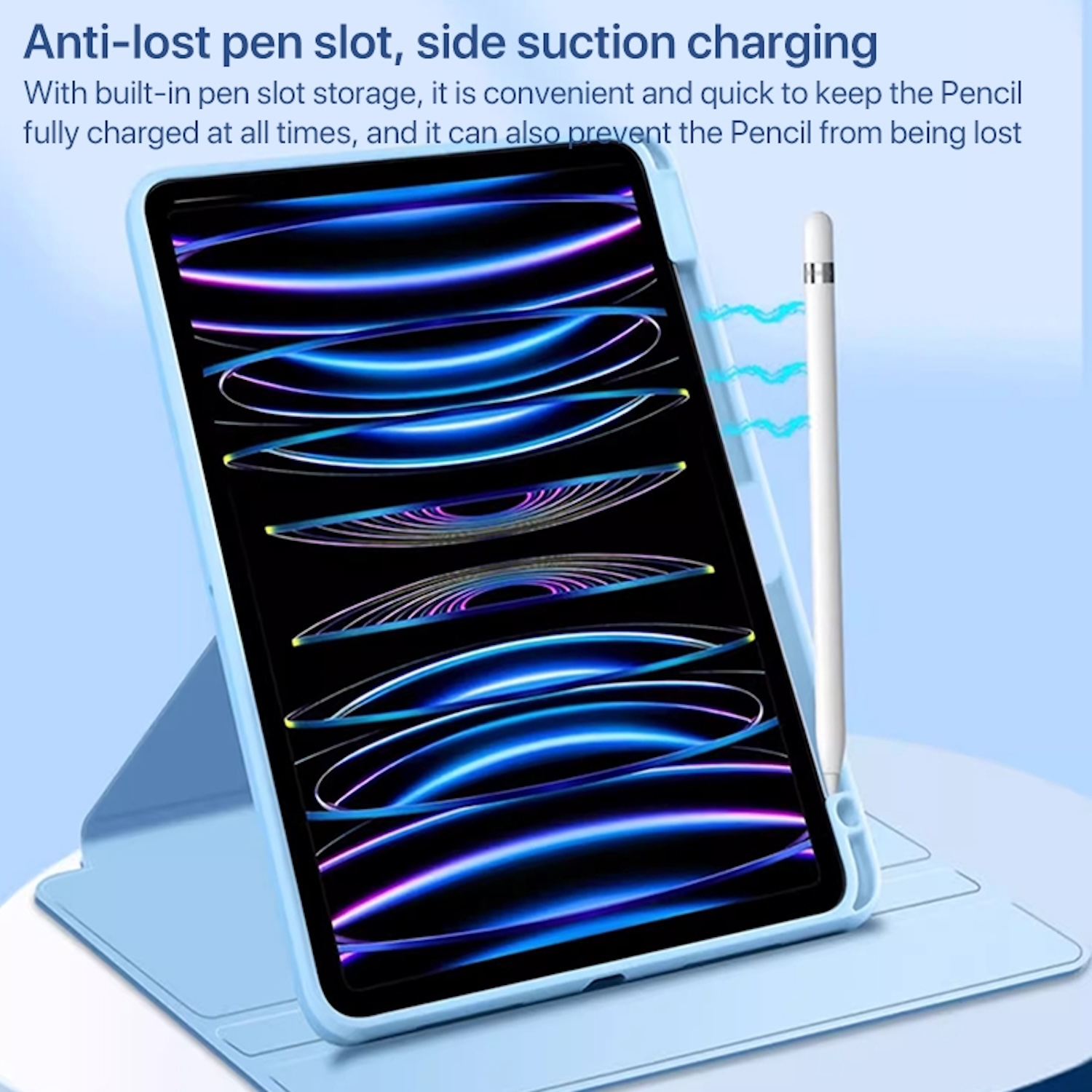 Tableta con funda azul y lápiz blanco. Se muestra un área de carga.