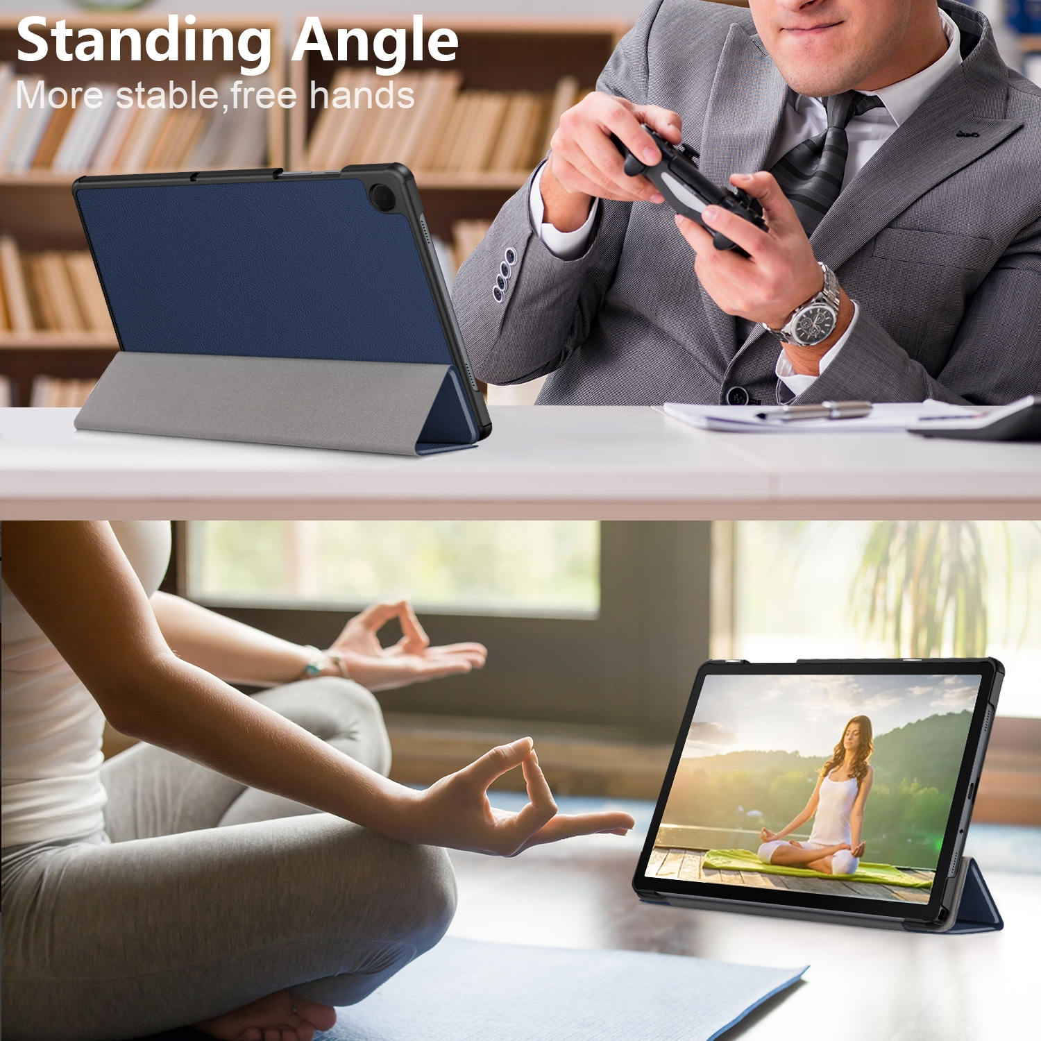 Tablet in Hülle, stehend. Mann spielt Spiel und Frau macht Yoga.