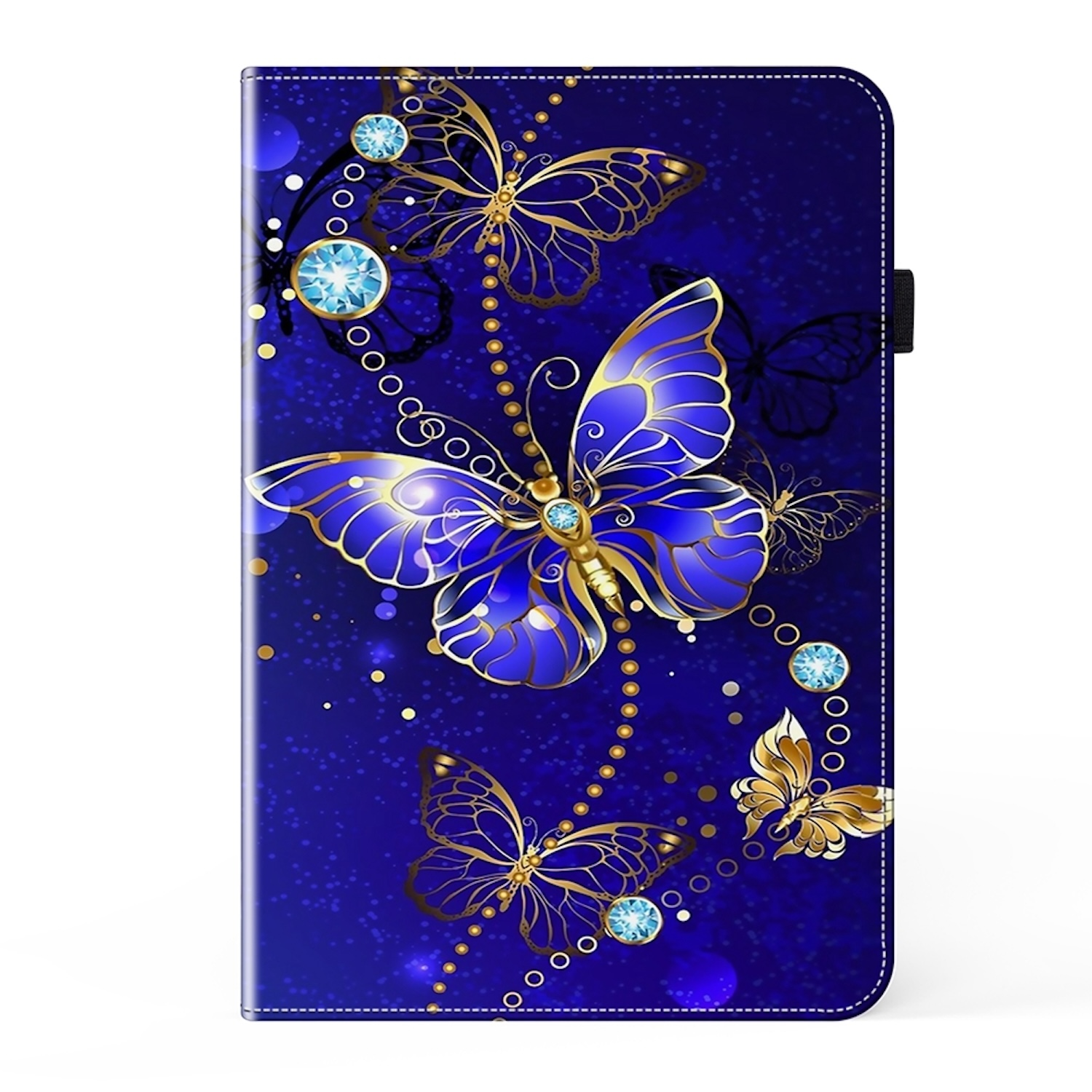 Geschlossene Tablethülle mit blauem Schmetterlingsdesign mit goldenen Details. Der Hintergrund ist dunkelblau.