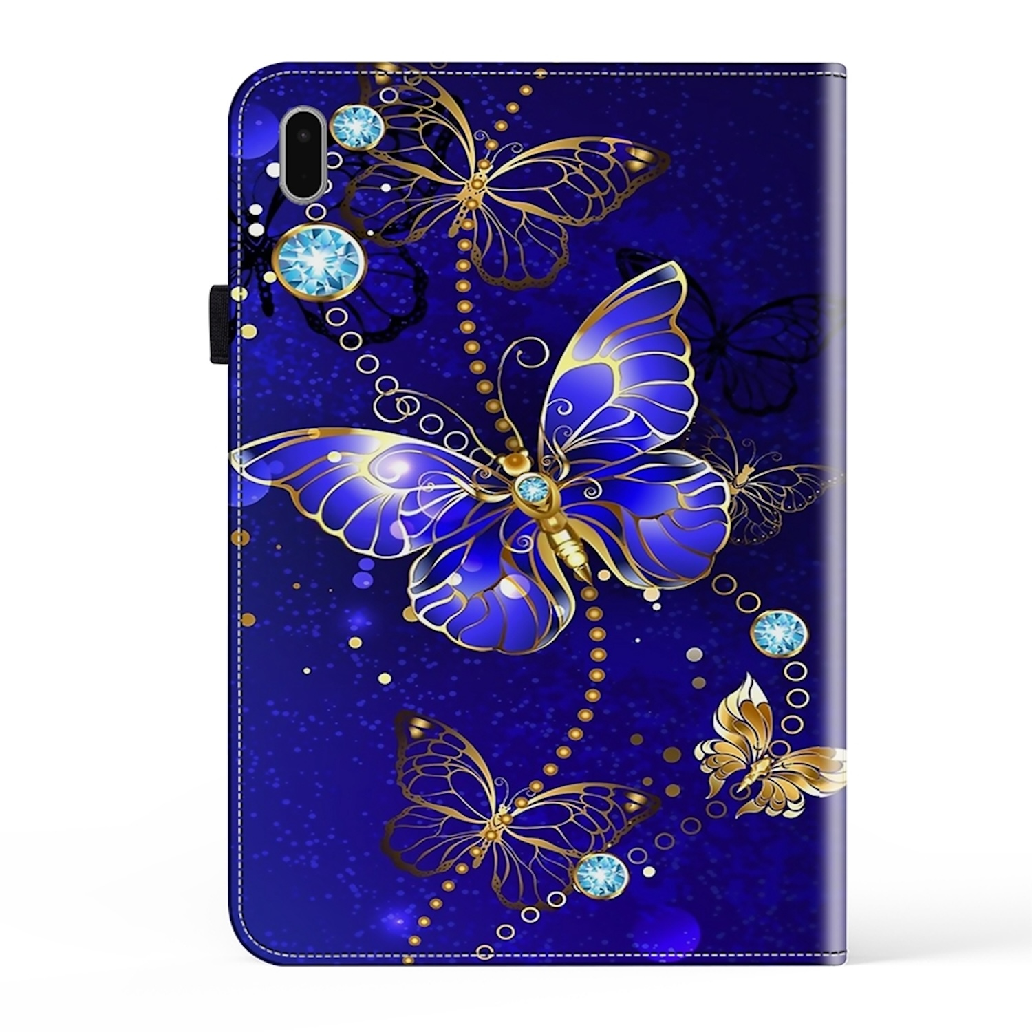 Blaue Tablethülle mit goldenem Schmetterlingsdesign und blauen Edelsteinen.