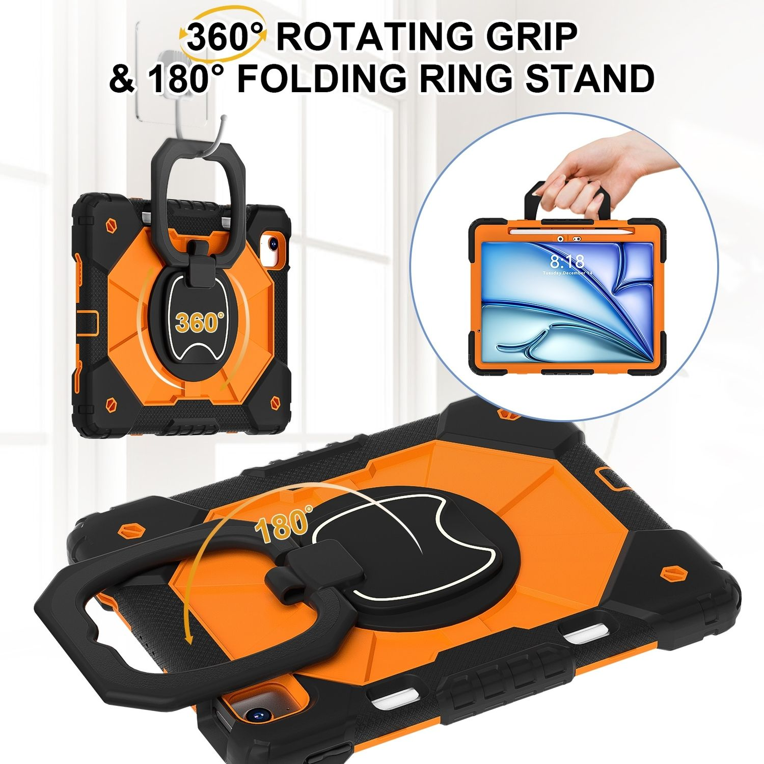 Eine orange-schwarze Tablethülle mit drehbarem Griff und Ringständer. Sie hat einen Haken.