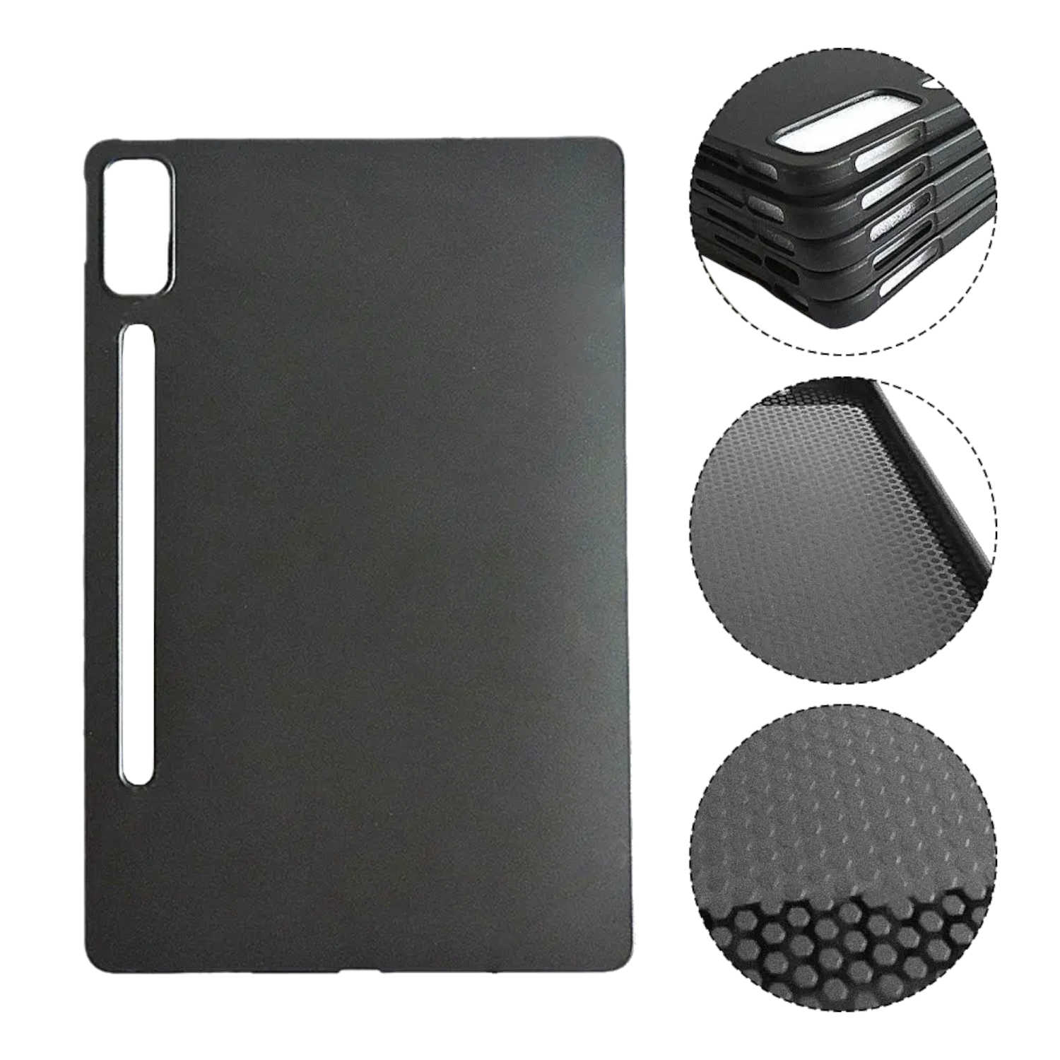 Schwarze Tablethülle, mit Aussparungen für Kamera und Anschlüsse, mehrere Texturen.