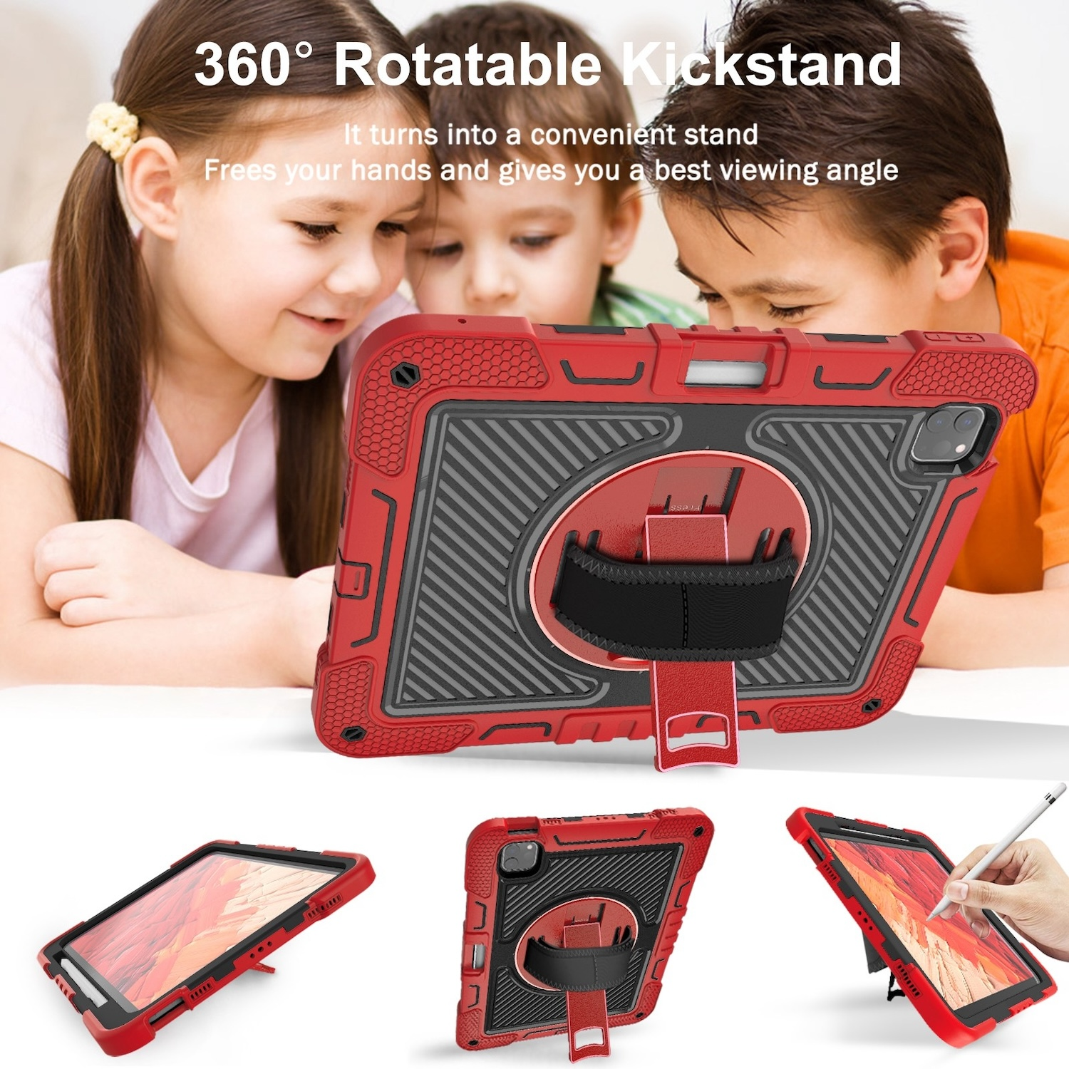 Rote Tablethülle mit Ständer, mit Kindern, die auf das Tablet schauen.