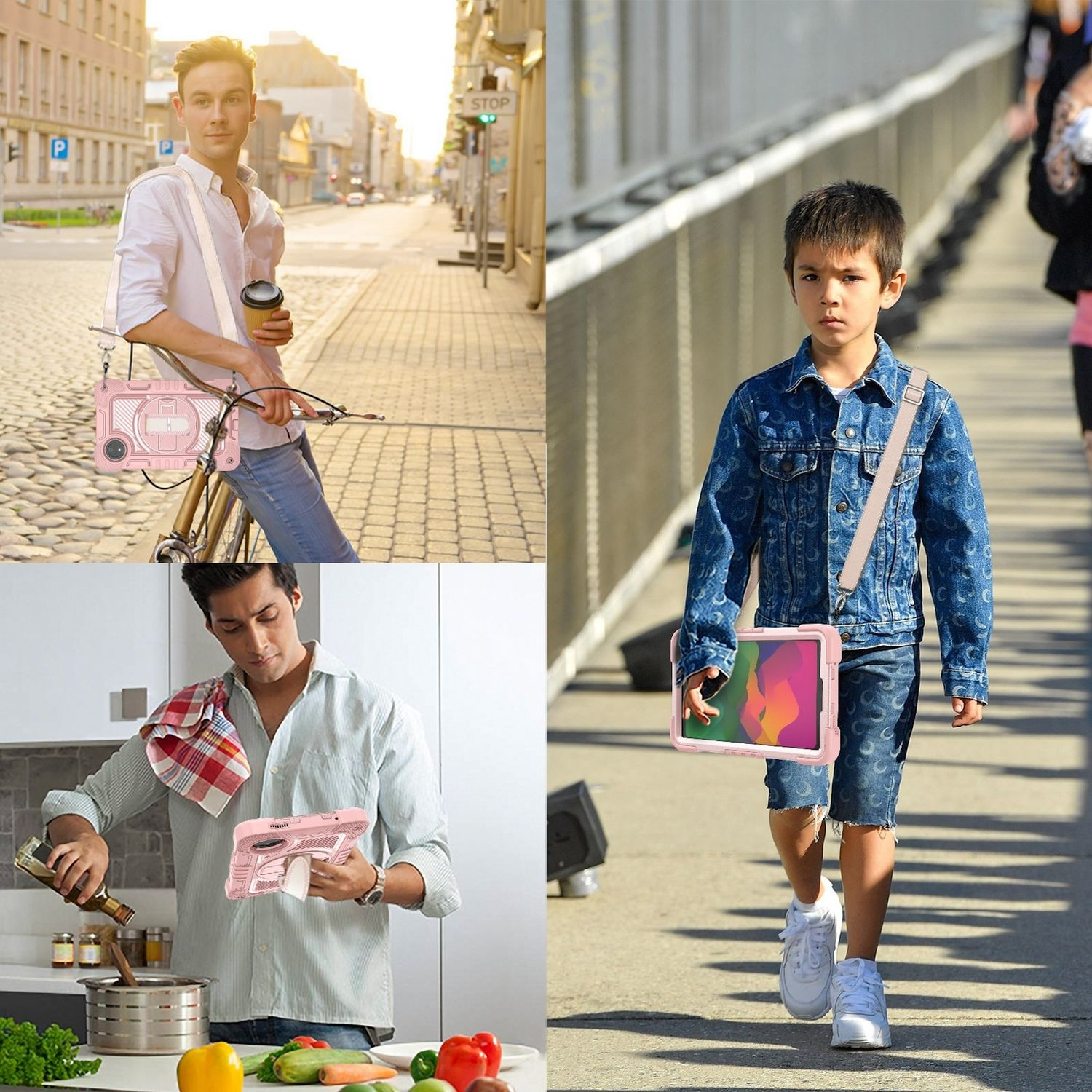 Vier Bilder zeigen Personen mit Tablets in rosa Hüllen in verschiedenen Umgebungen.