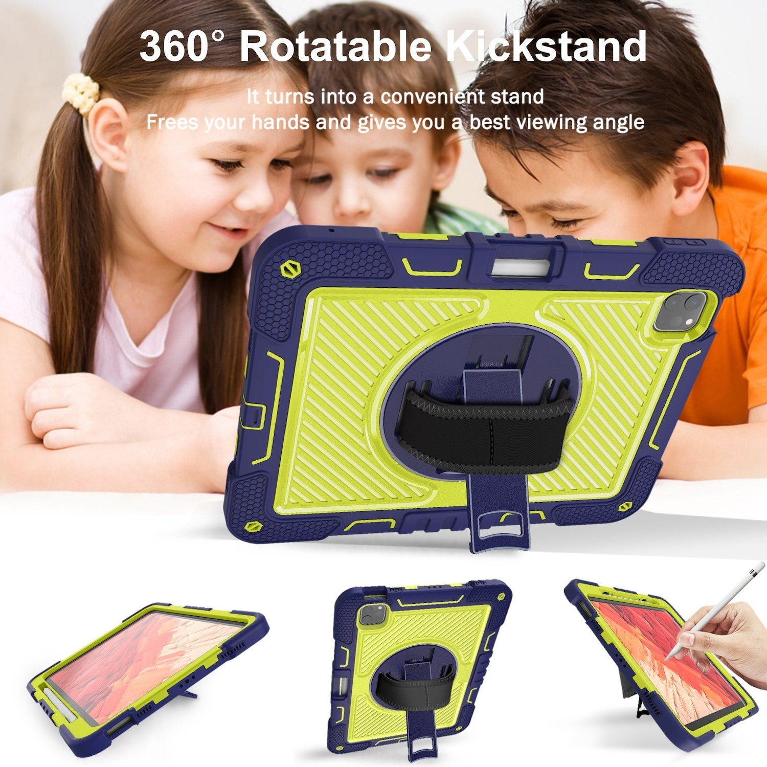 Tablet in einer grün-blauen Schutzhülle. Kinder schauen auf das Tablet. Der Ständer ist geöffnet.