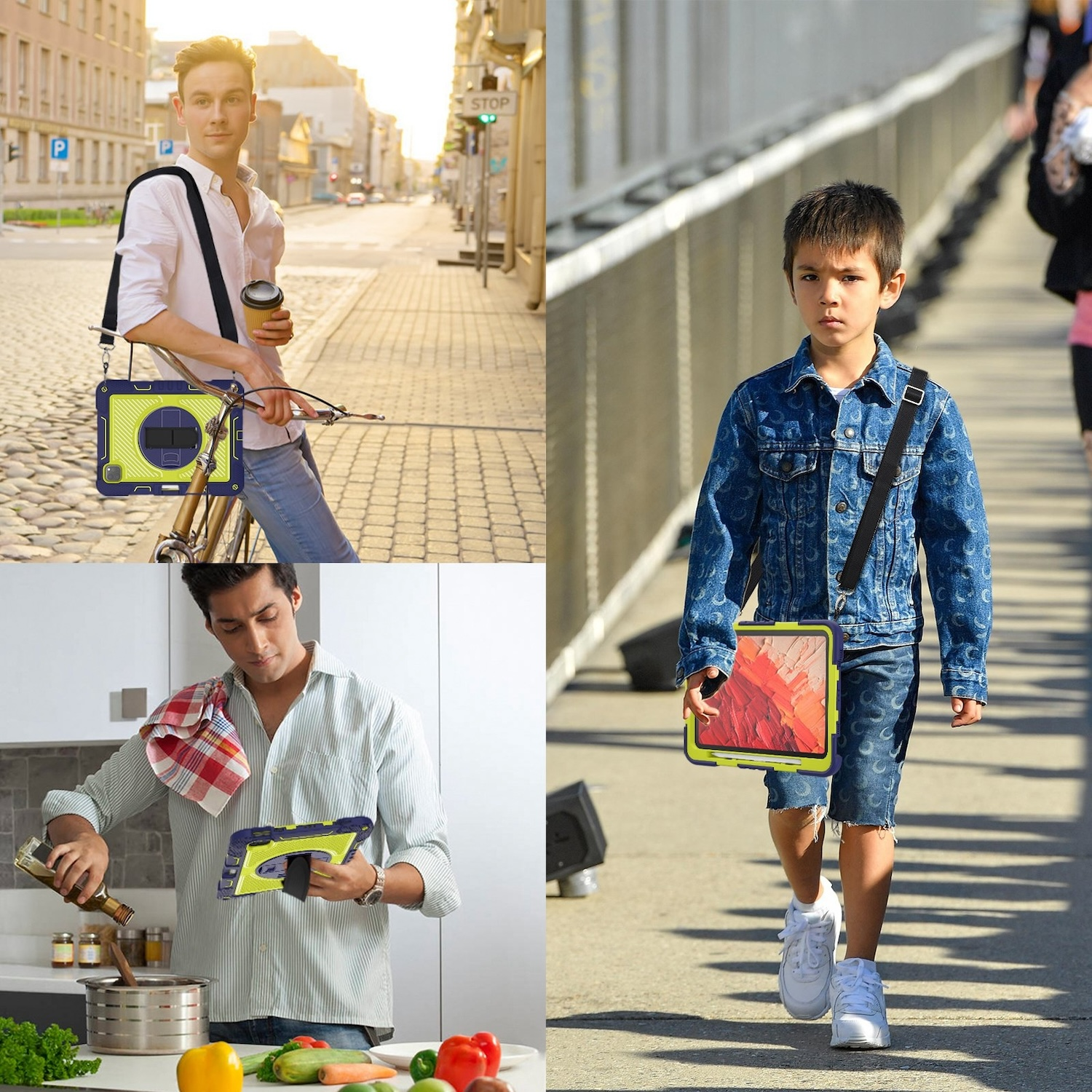 Mehrere Bilder, die Personen bei der Verwendung von Tablet-Hüllen mit Schultergurten zeigen.