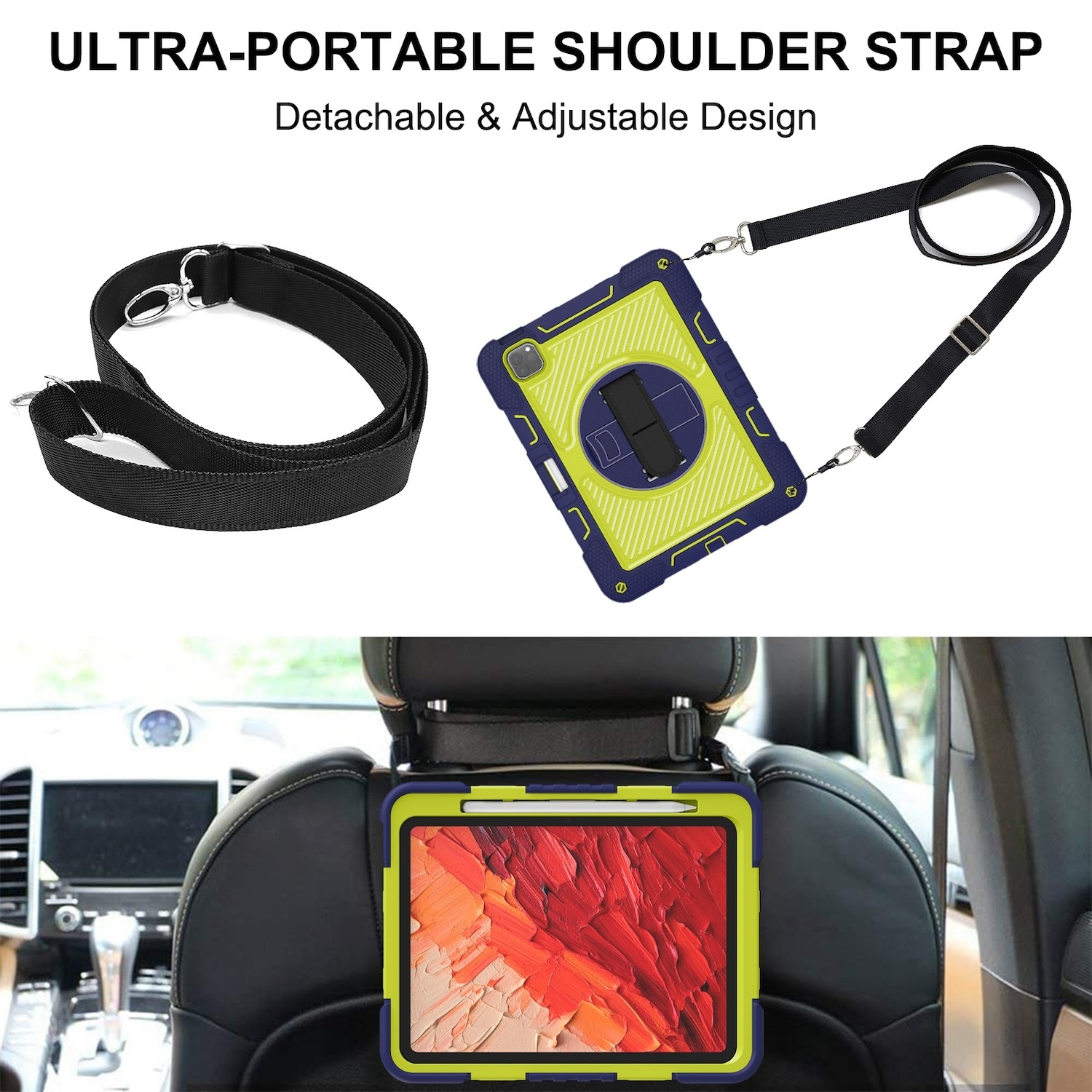 Tablet-Hülle mit Schultergurt. Schwarz-blaue Hülle. Ein Tablet befindet sich in einem Auto.