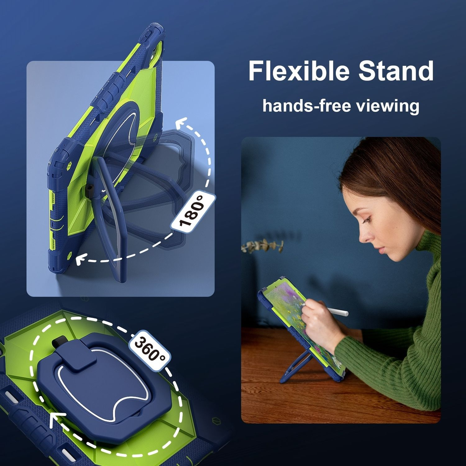 Tableta con funda verde y azul. La funda tiene un soporte flexible. La mujer está usando el soporte.