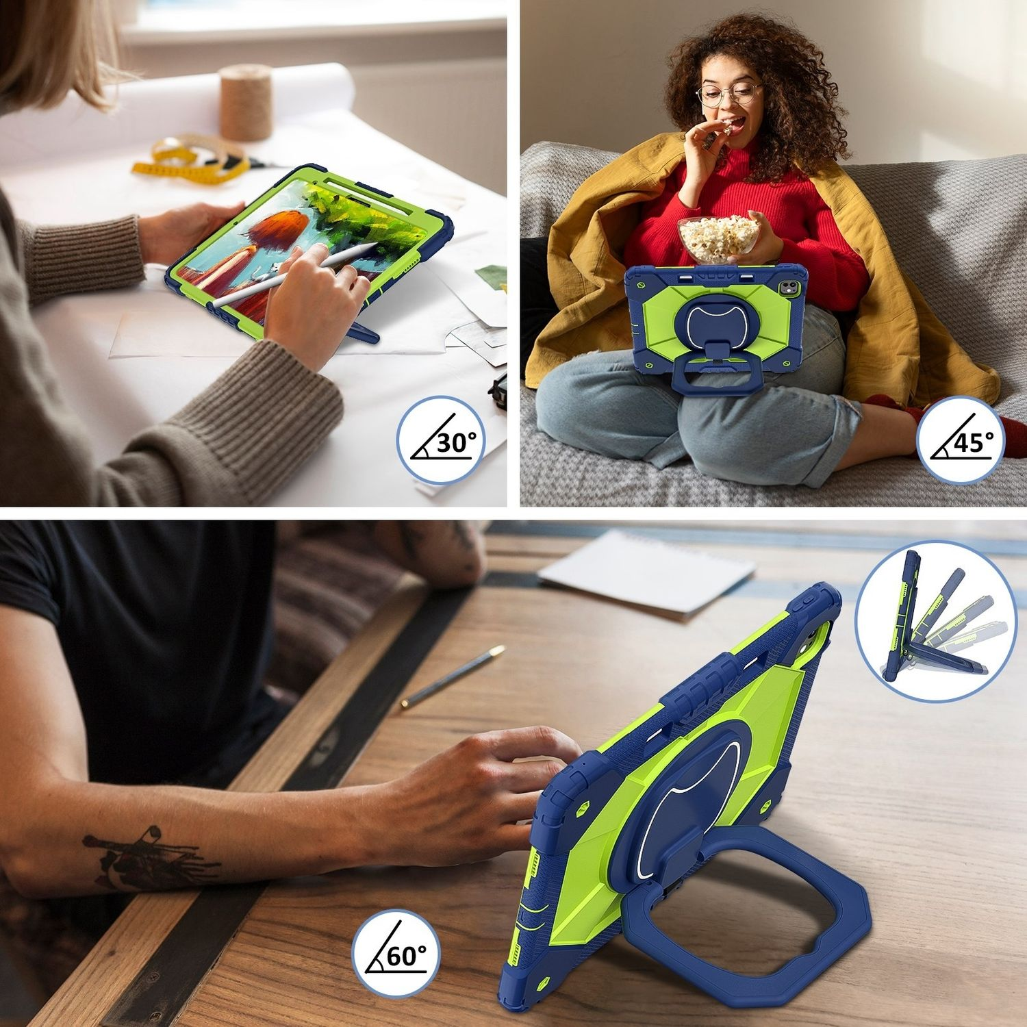 Funda para tableta con opciones de soporte. La funda es azul y verde. Demostraciones en ángulos de 30, 45 y 60 grados.