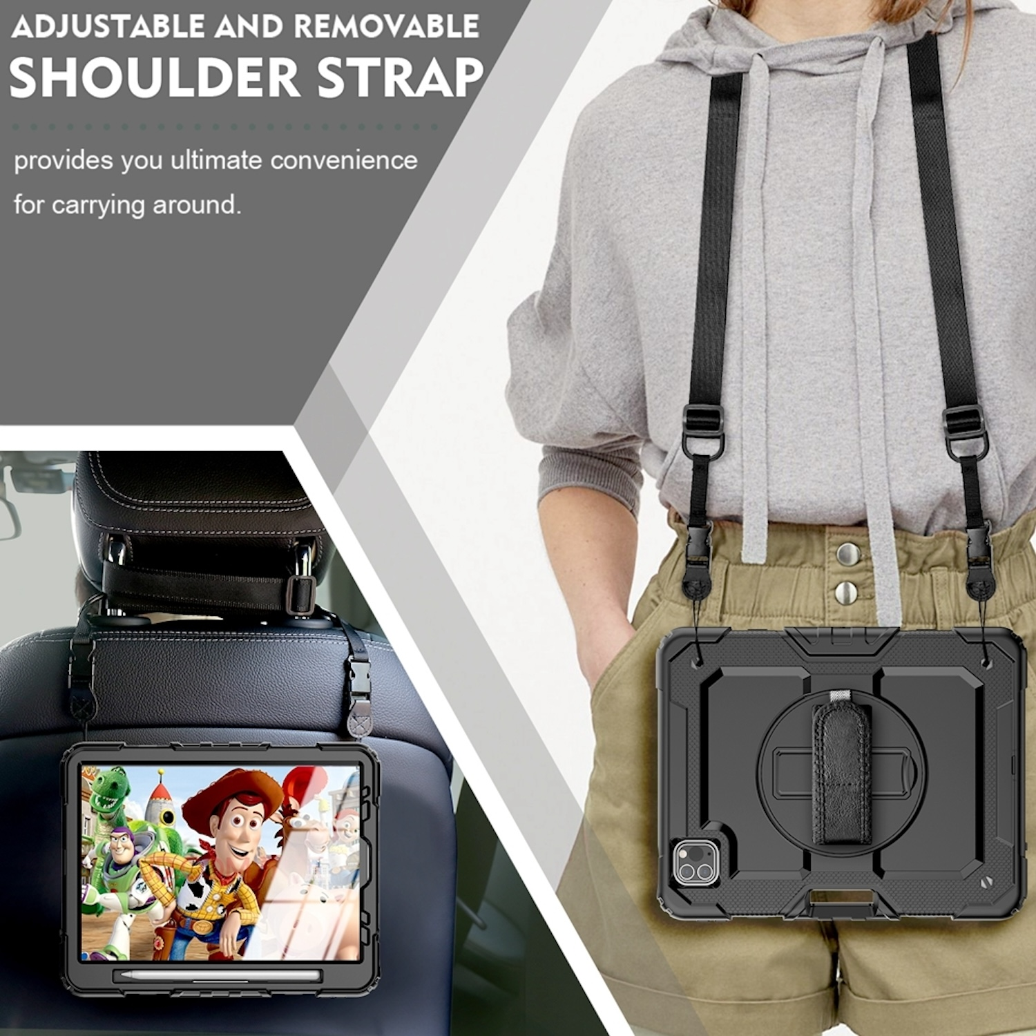 Tablet in einer Hülle mit Schultergurt. Toy Story-Charaktere auf dem Bildschirm. Text: 'ADJUSTABLE SHOULDER STRAP'.