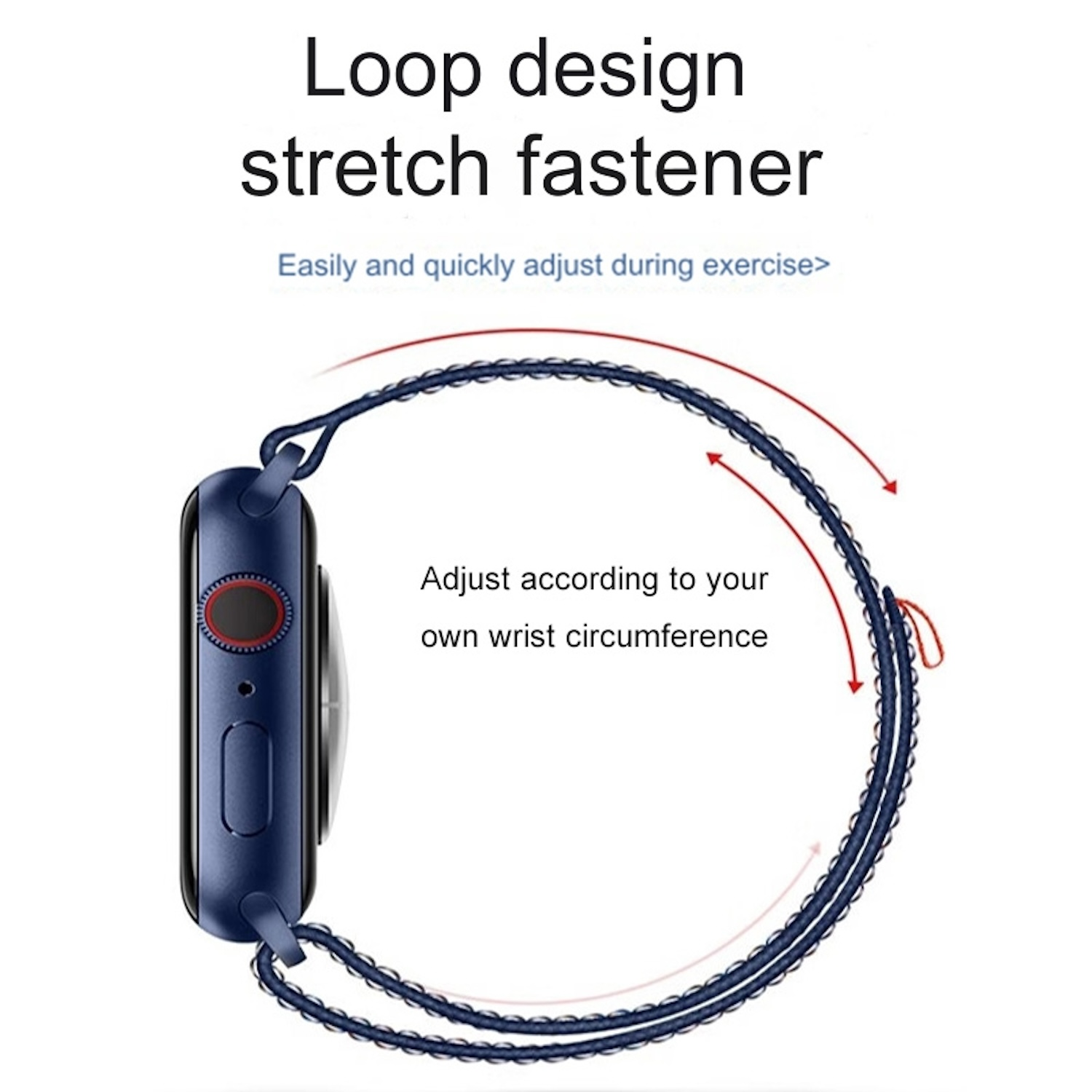 Blaues Uhrenarmband wird gezeigt. Es hat eine Uhr an der Seite mit rotem Knopf, die andere Seite hat eine Anpassung.