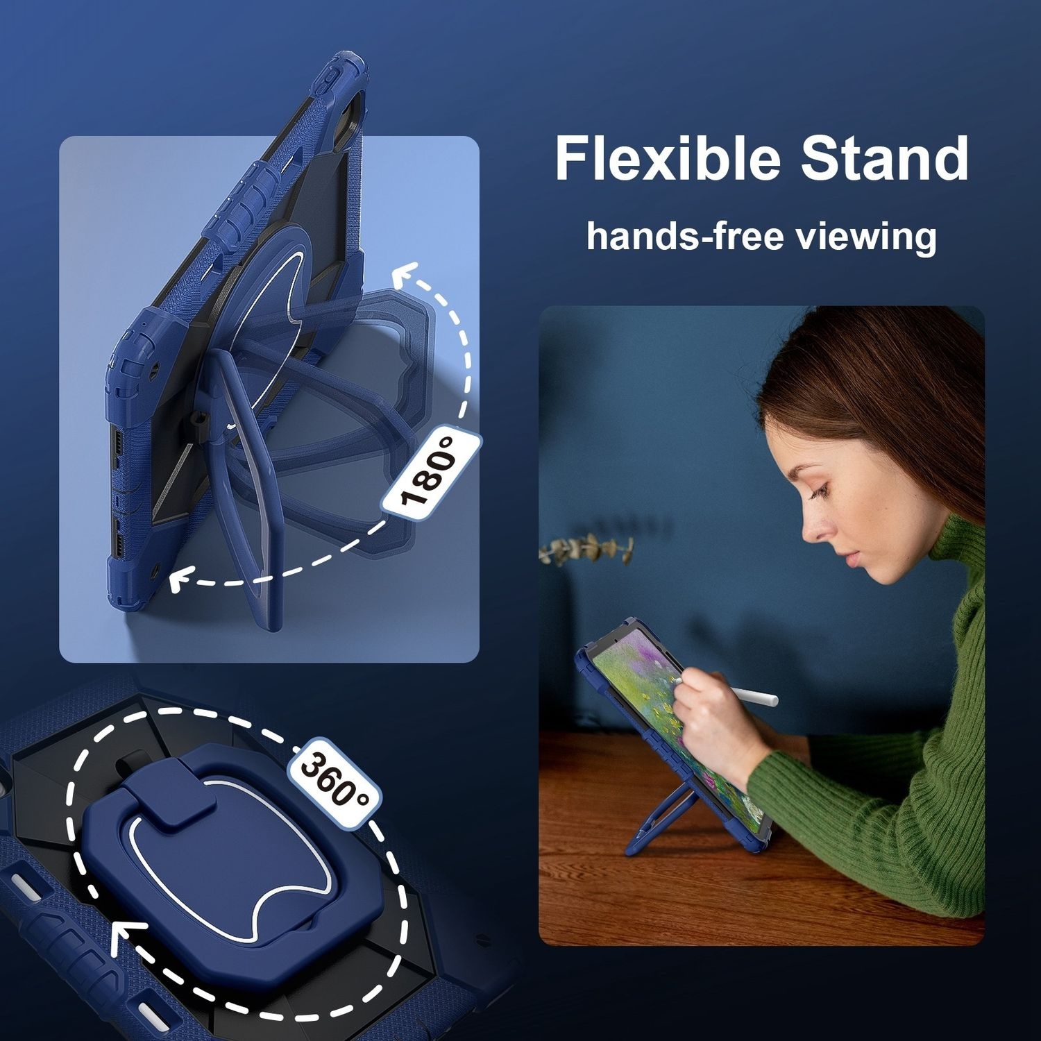 Blaues Tablet mit Ständer. Der Ständer dreht sich um 180 und 360 Grad. Eine Frau benutzt es mit einem Stift.
