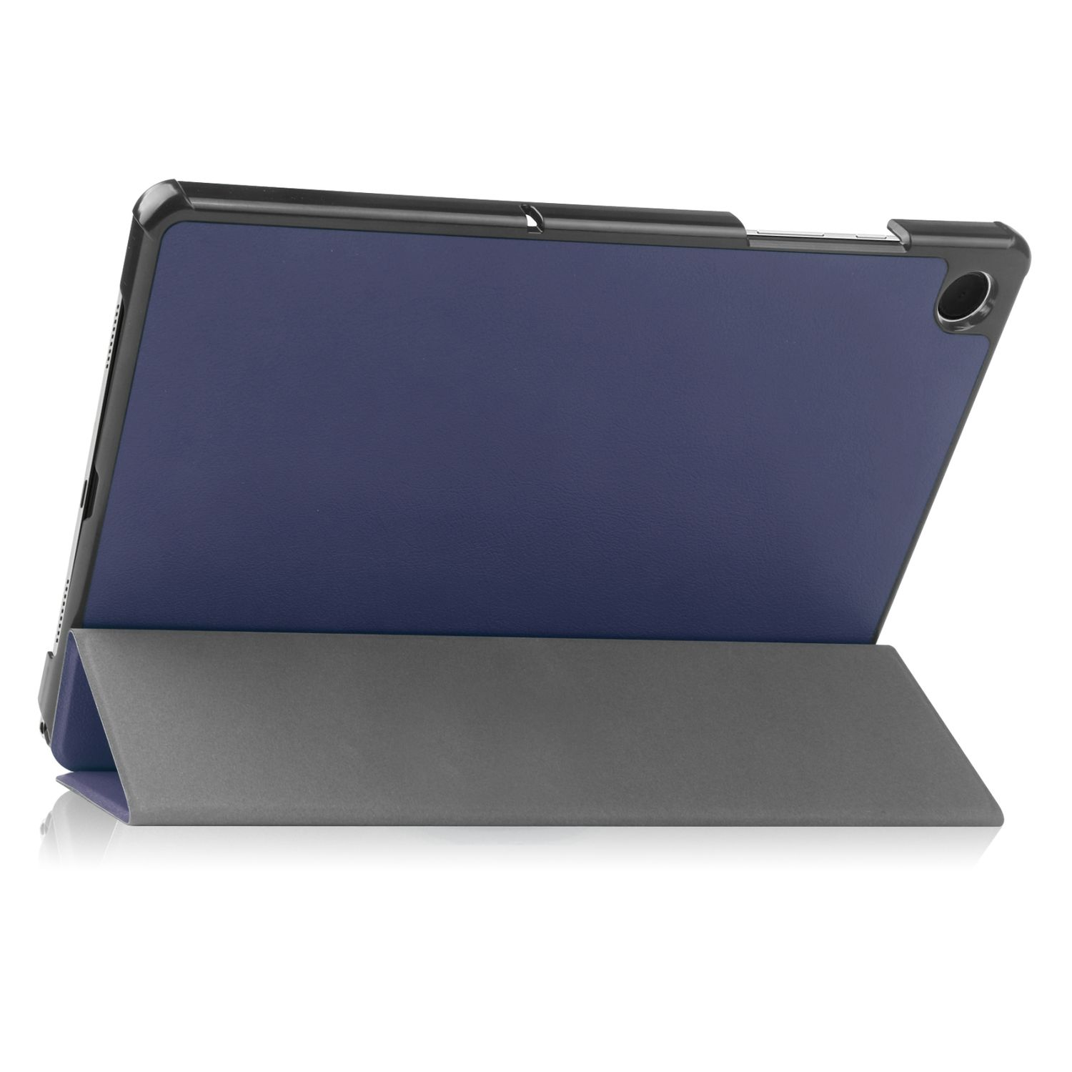 Blaue Tablet-Hülle mit Standfunktion, zeigt Rückseite und Ständer.