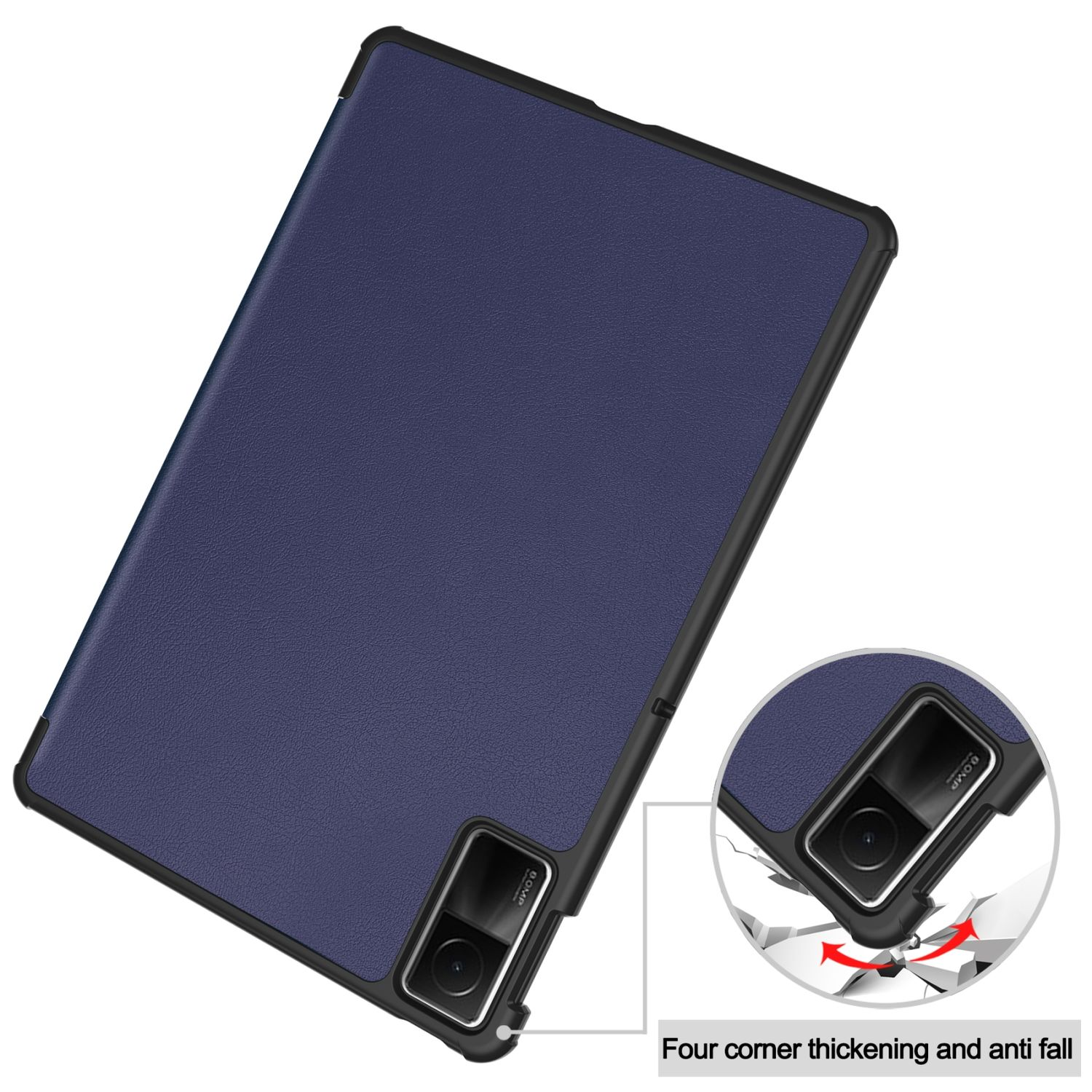 Tablet-Hülle mit blauem Cover, Rückseite und Kameraausschnitt.