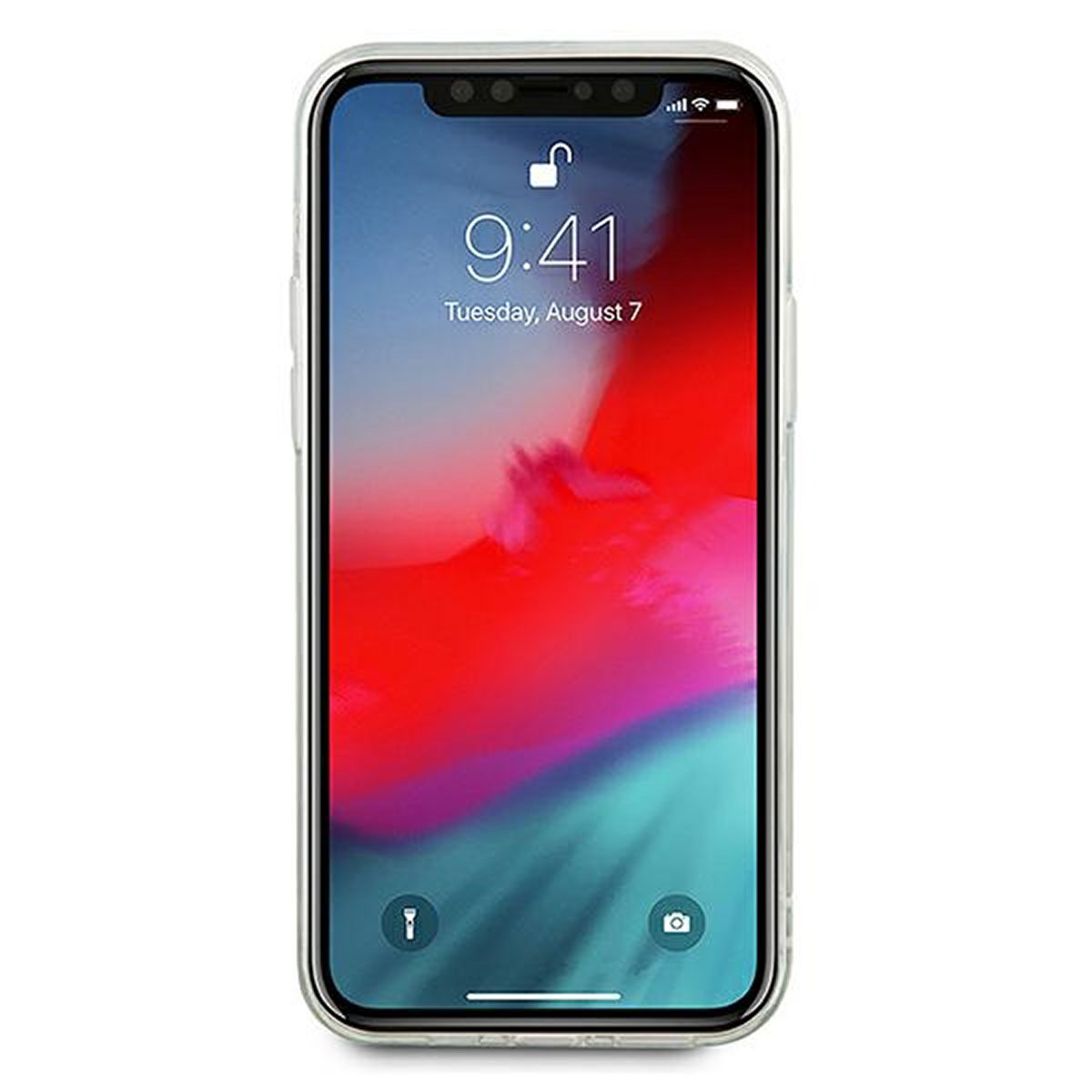 iPhone che mostra una schermata di blocco con ora e data, con icone in basso.